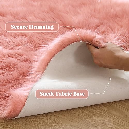 Miniatura 3 de Alfombra pequeña de piel de oveja esponjosa rosa para dormitorio, alfombra peluda lavable para sala de estar, alfombra de piel sintética de 2 x 3