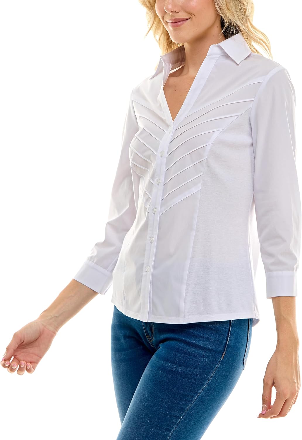 Zac & Rachel Womens Poplin Shirt with Rib Knit and ¾ Sleeve - Image 3