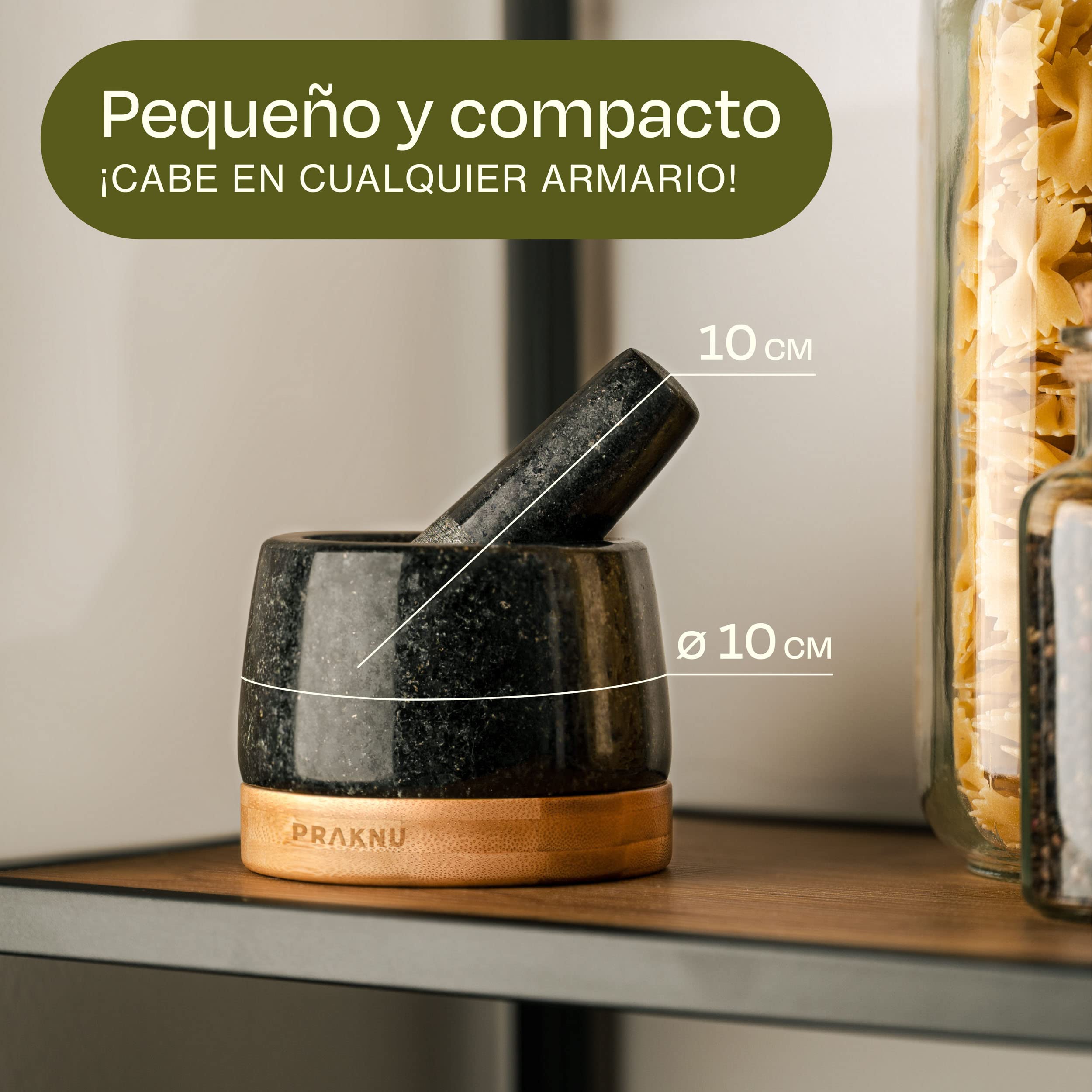 Praknu Mortero y Maja de Cocina pequeño - Granito Robusto y Duradero - Con Protector de Superficies de Madera Sostenible - 120 ml Capacidad