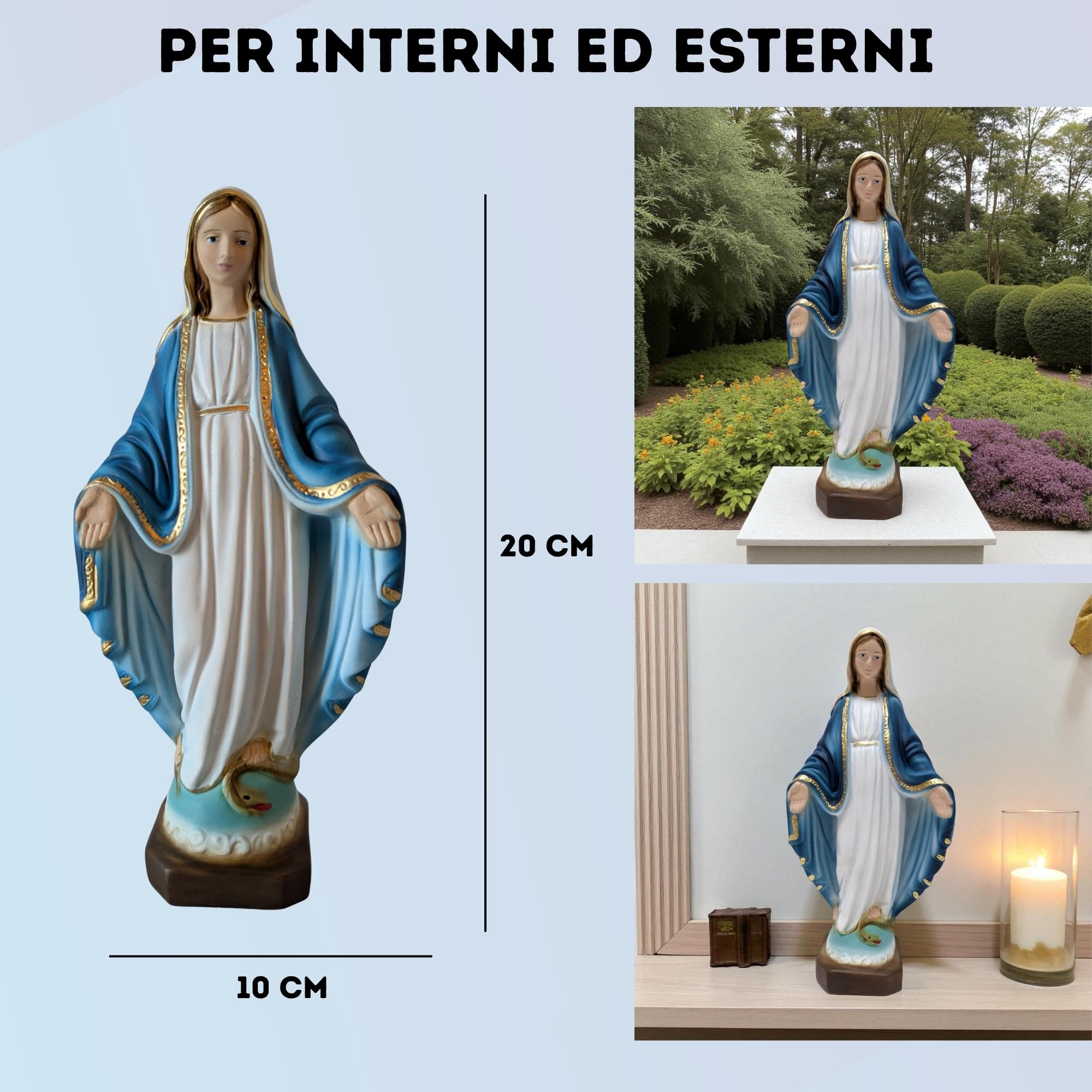 OVUNQUE PROTEGGIMI Figurka Matki Bożej Niepokalanej lub Cudownej 20 cm, marmurowy proszek, do użytku wewnątrz i na zewnątrz, figurka Matki Bożej ręcznie wykonana w Toskanii