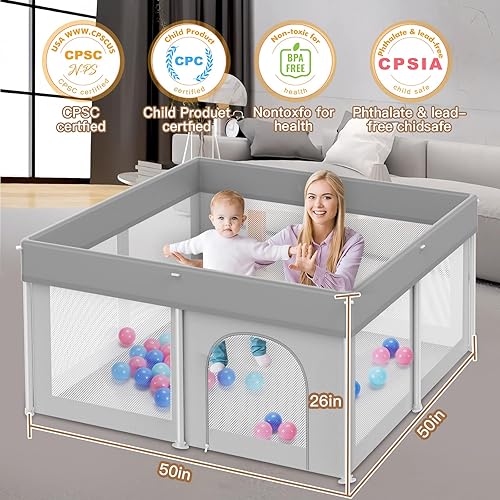 Miniatura 6 de Corralito plegable para bebés de 50 x 50 pulgadas, corralito para bebés y niños pequeños, valla de seguridad portátil ligera, sin instalación,