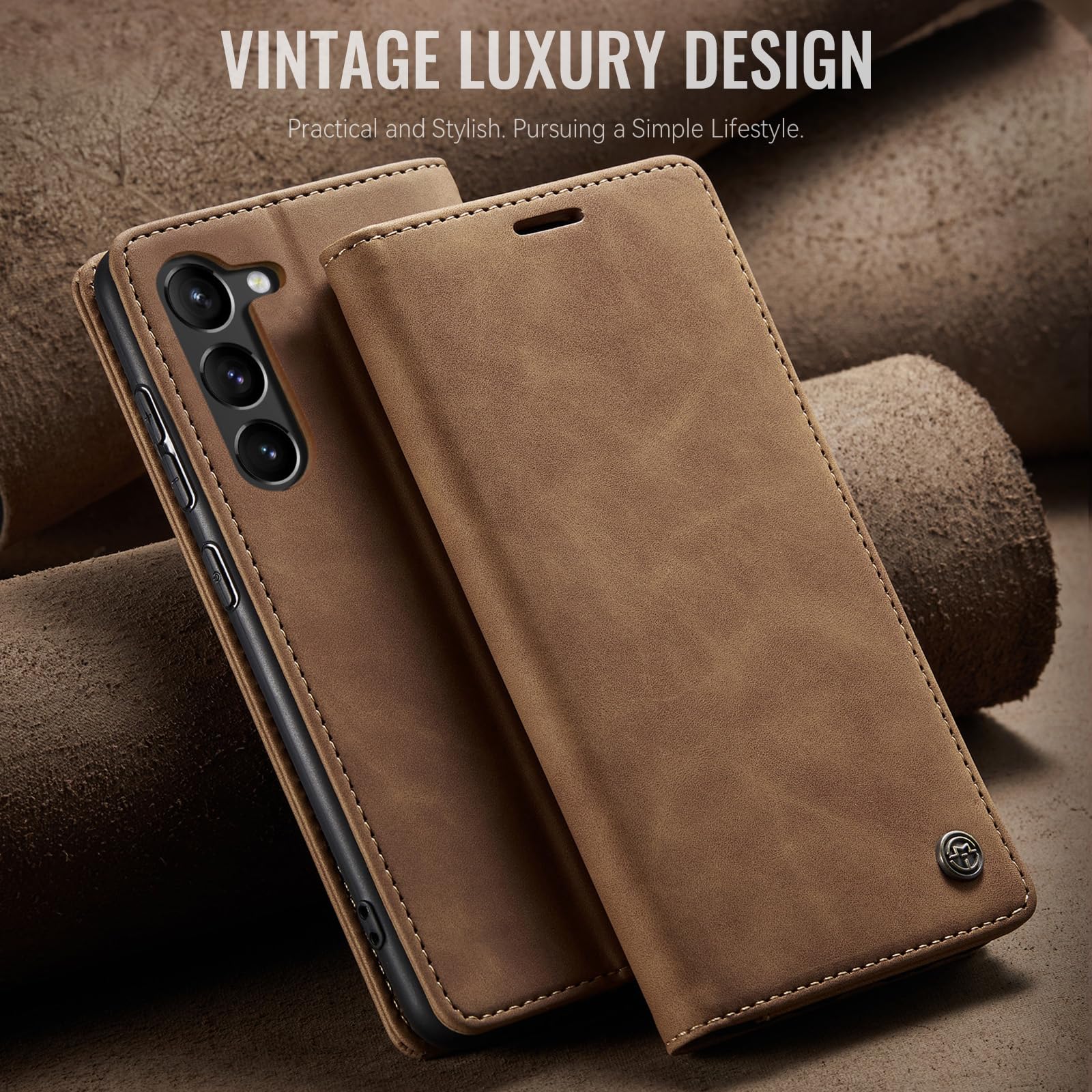 Samokor Cover per Samsung Galaxy S23 5G Pelle Flip Custodia Cavalletto Portafoglio Magnetica Carta Fessura Antiurto per Samsung Galaxy S23,Marrone