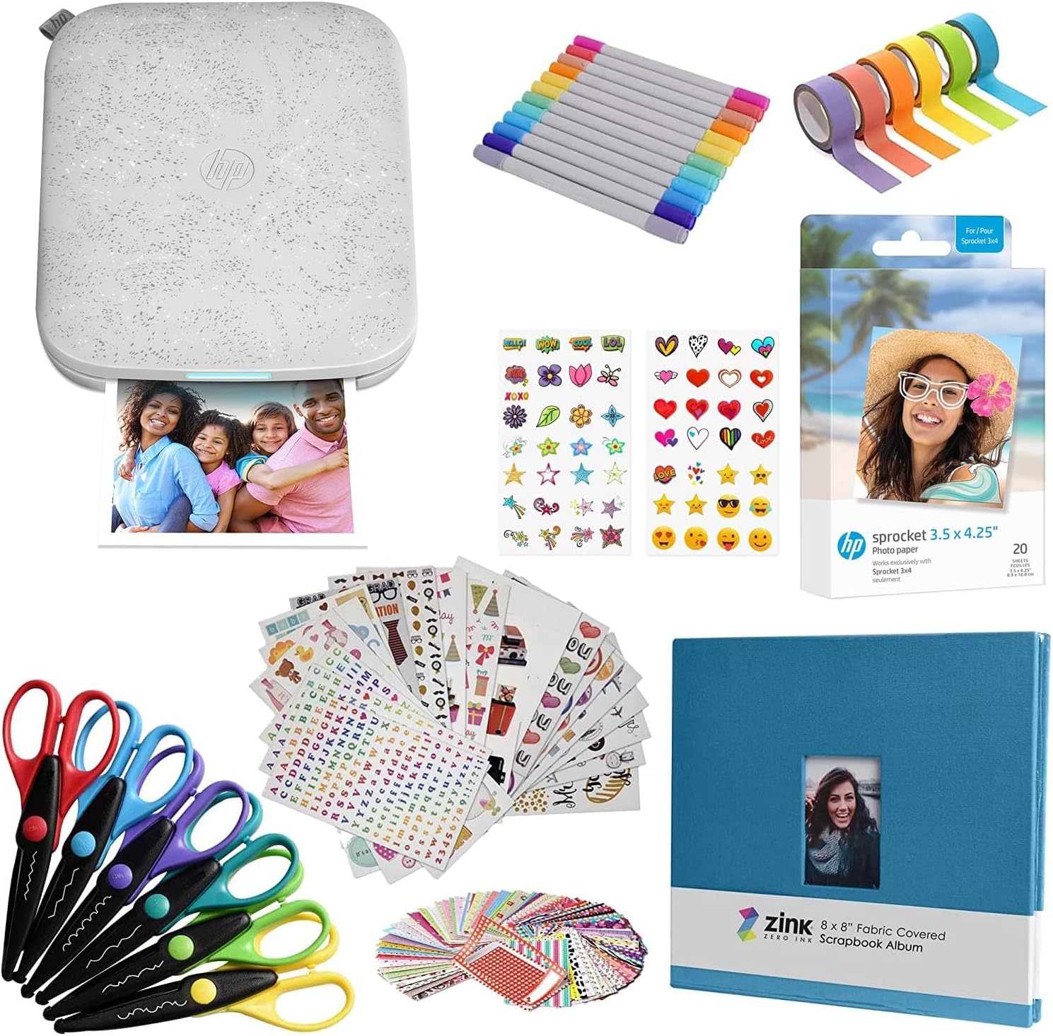 HP Sprocket 3x4 Instant Photo Printer - Kit: 20 Pack Zink Paper, Scissors, Scrapbook Album, Markers, Sticker Sets