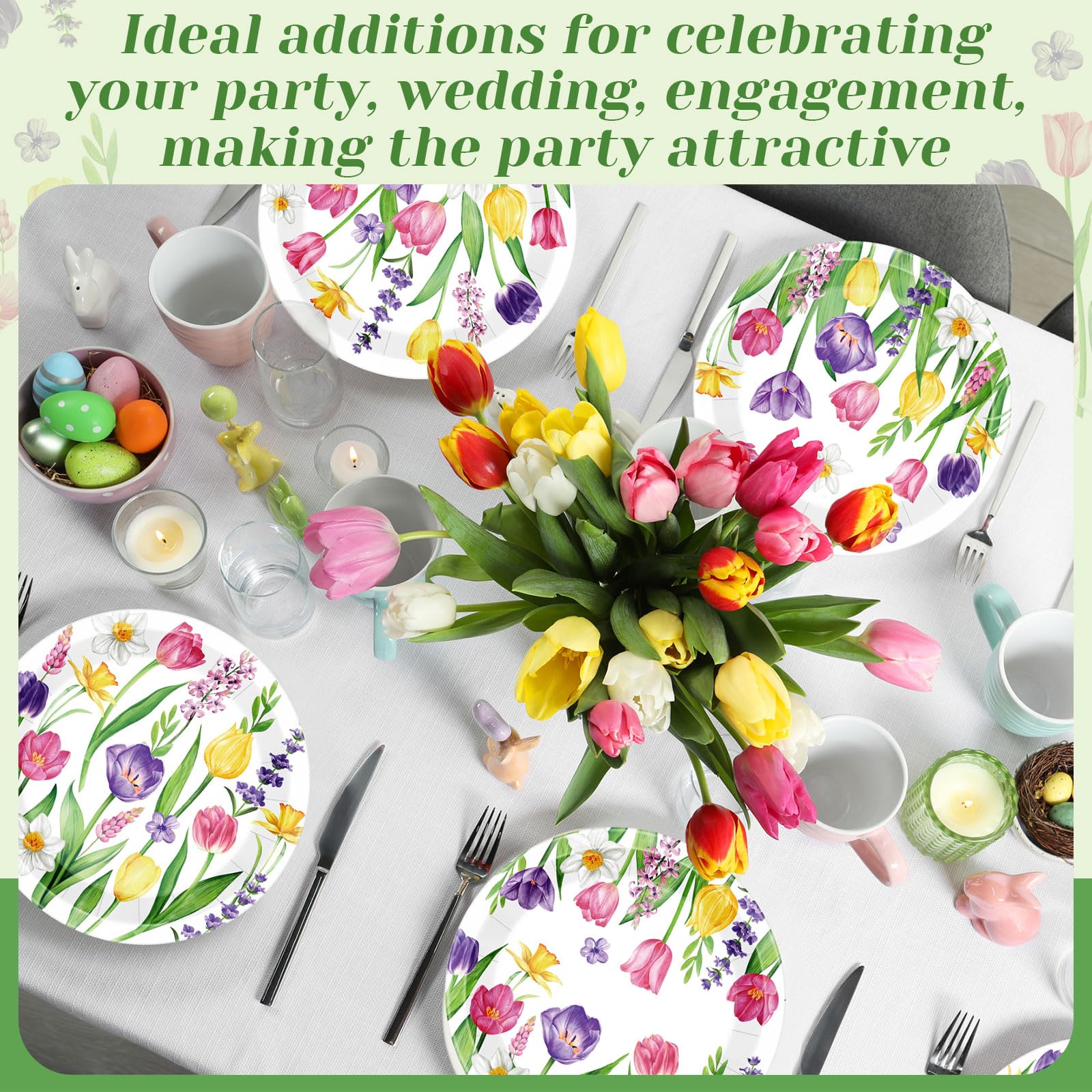 Zopeal 60 piatti di carta floreali a tulipano, 22,9 cm, decorazioni per baby shower, matrimoni, piatti da cena floreali usa e getta, per compleanni, tè, feste, doccia