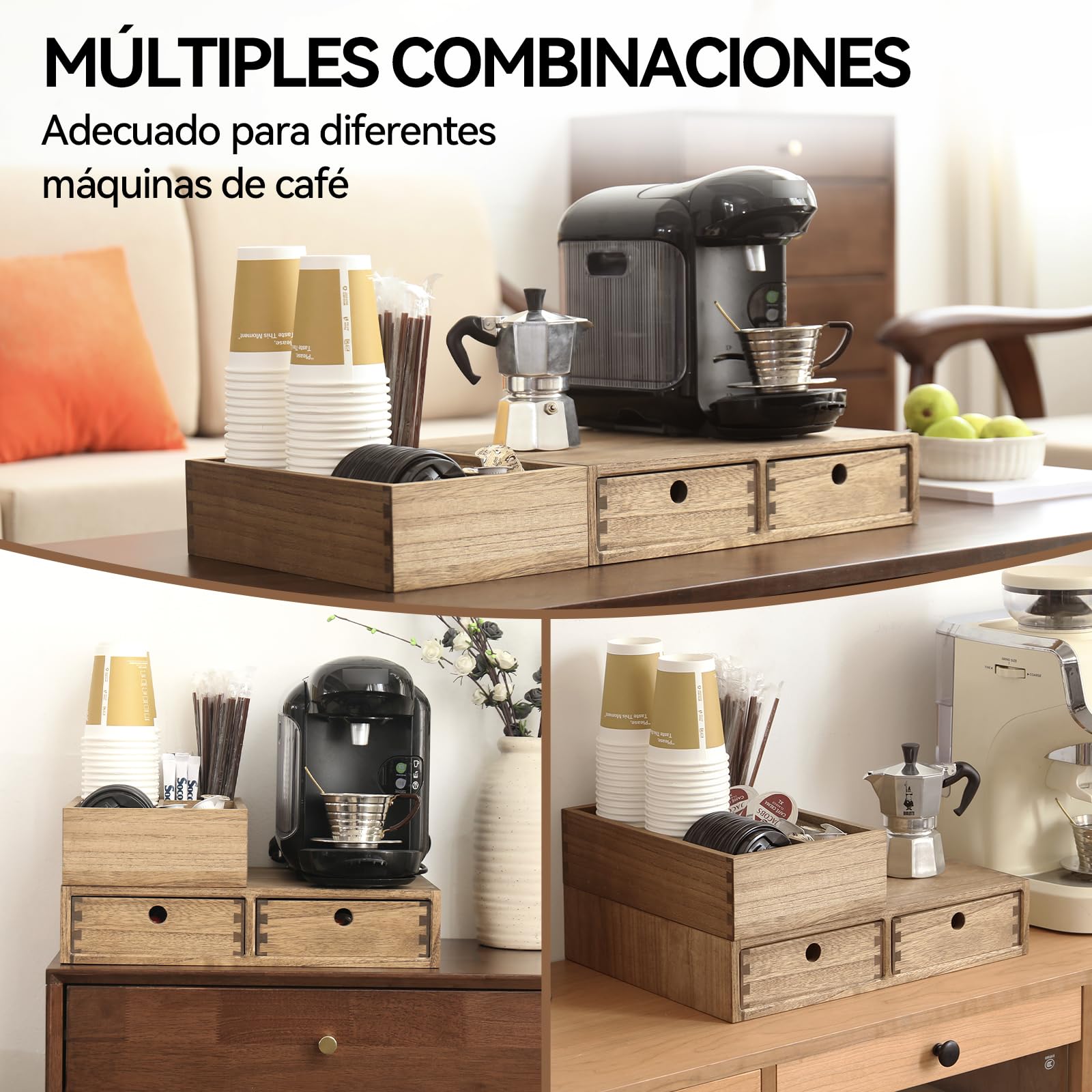 KIRIGEN Organizador de Café, Estación de Café, Caja para Cápsulas, Marrón | 2 cajones y 4 compartimentos; paulownia maciza; montado; uniones de espiga y mortaja; aceite vegetal; 41 × 31 × 17 cm