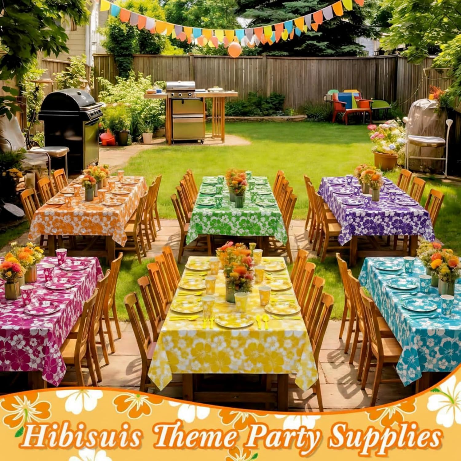 Nitial 294 Pcs Hibiscus Hawaiian Party Supplies Plates Napkins Tablecloth Hawaiian Theme Tableware Set for Luau Table Decorations Tropical Dessert Forks for Aloha Summer Beach Party, Serve 48 Guest