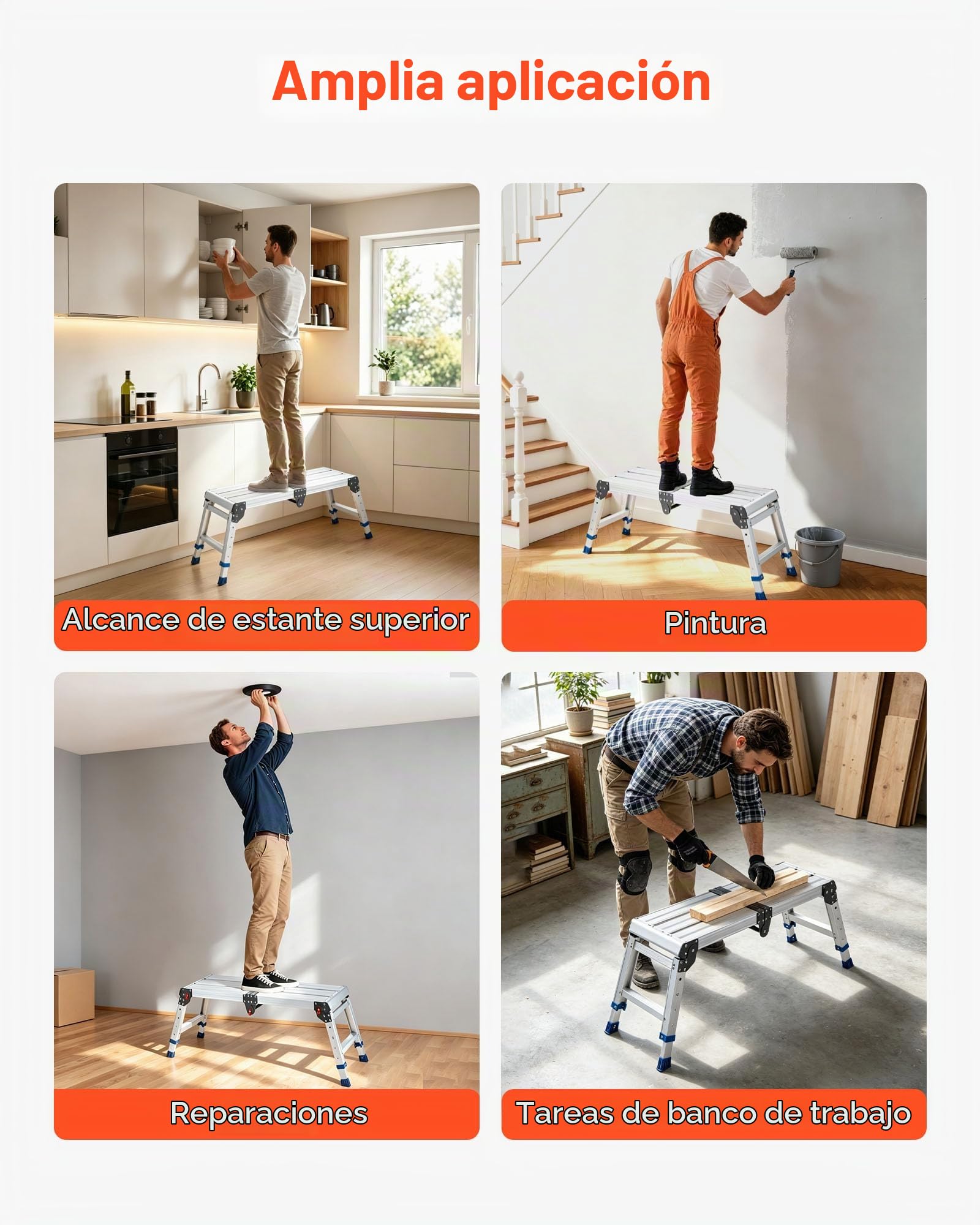 VEVOR Plataforma Plegable de Trabajo Capacidad de 226,8 kg, Altura Ajustable de 360 ​​a 508 mm, Escalera-Taburete de Aluminio Plegable, Portátil, Antideslizante para Pintura, Mantenimiento y Hogar