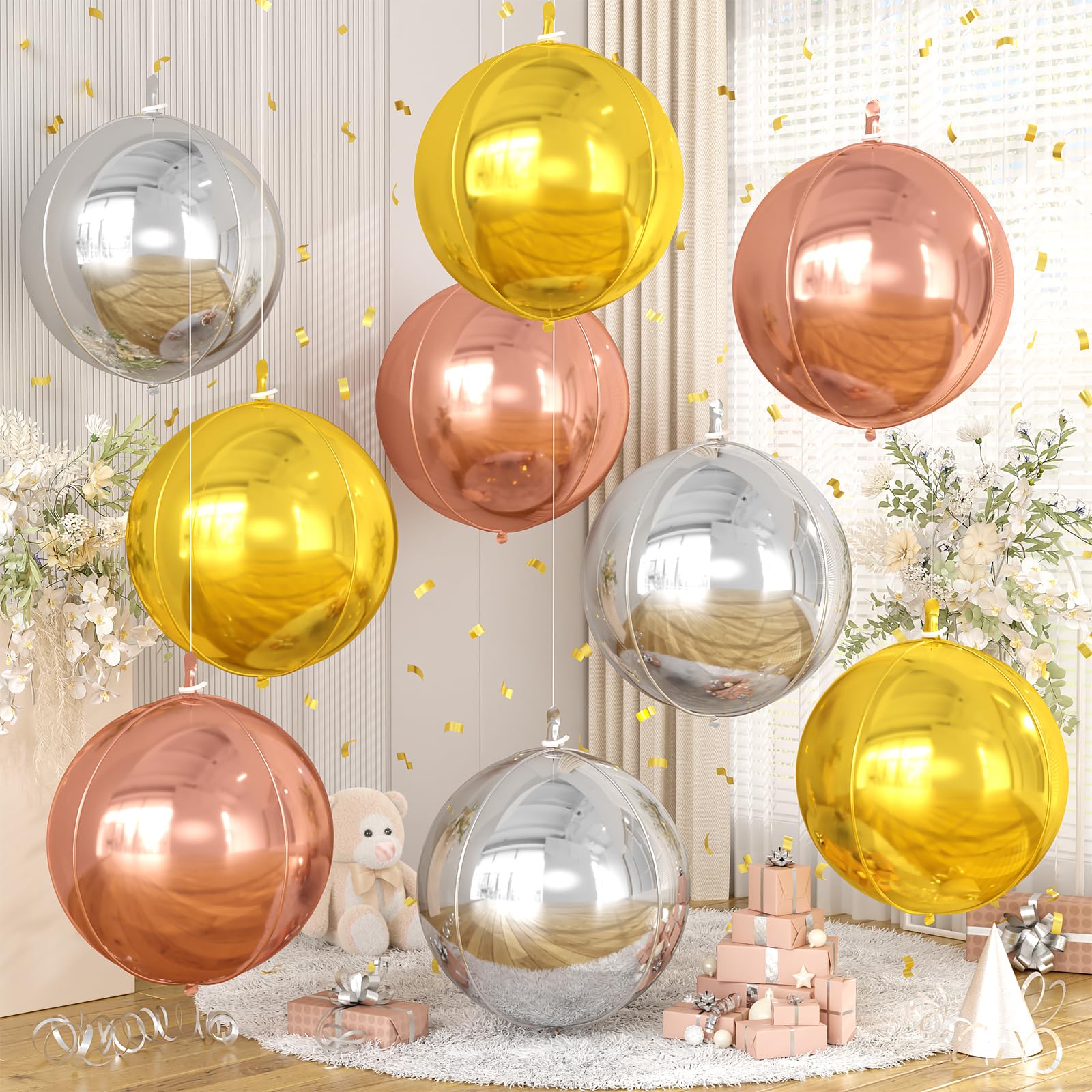 9 Pcs Silver Gold Rose Gold Round Foil Balloons,22 Inch Round Balloons