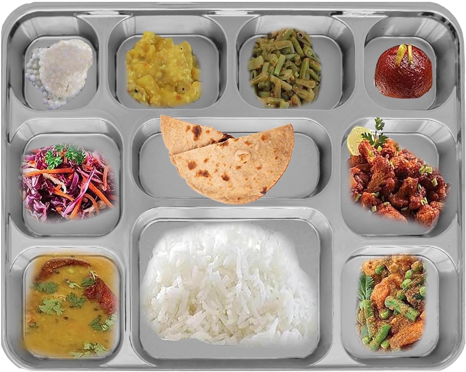 10 Compartment Silver Party Thali Plates (100 Pack)