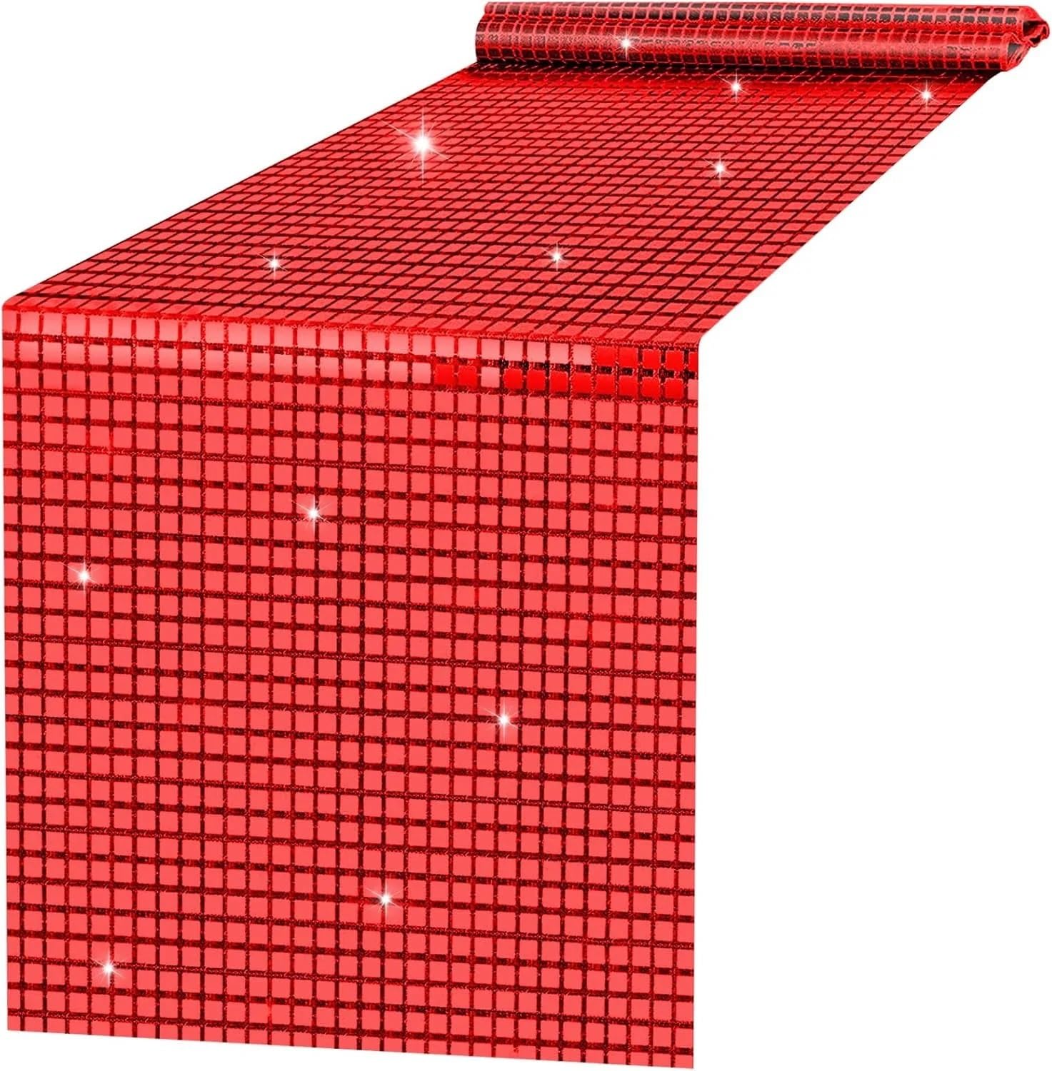 Disco Table Runner Glitter Sequin Disco Table Runner 33*180cm Mirror Gold/Silver Foil Metallic Dining Decoration(Red,33X275cm)
