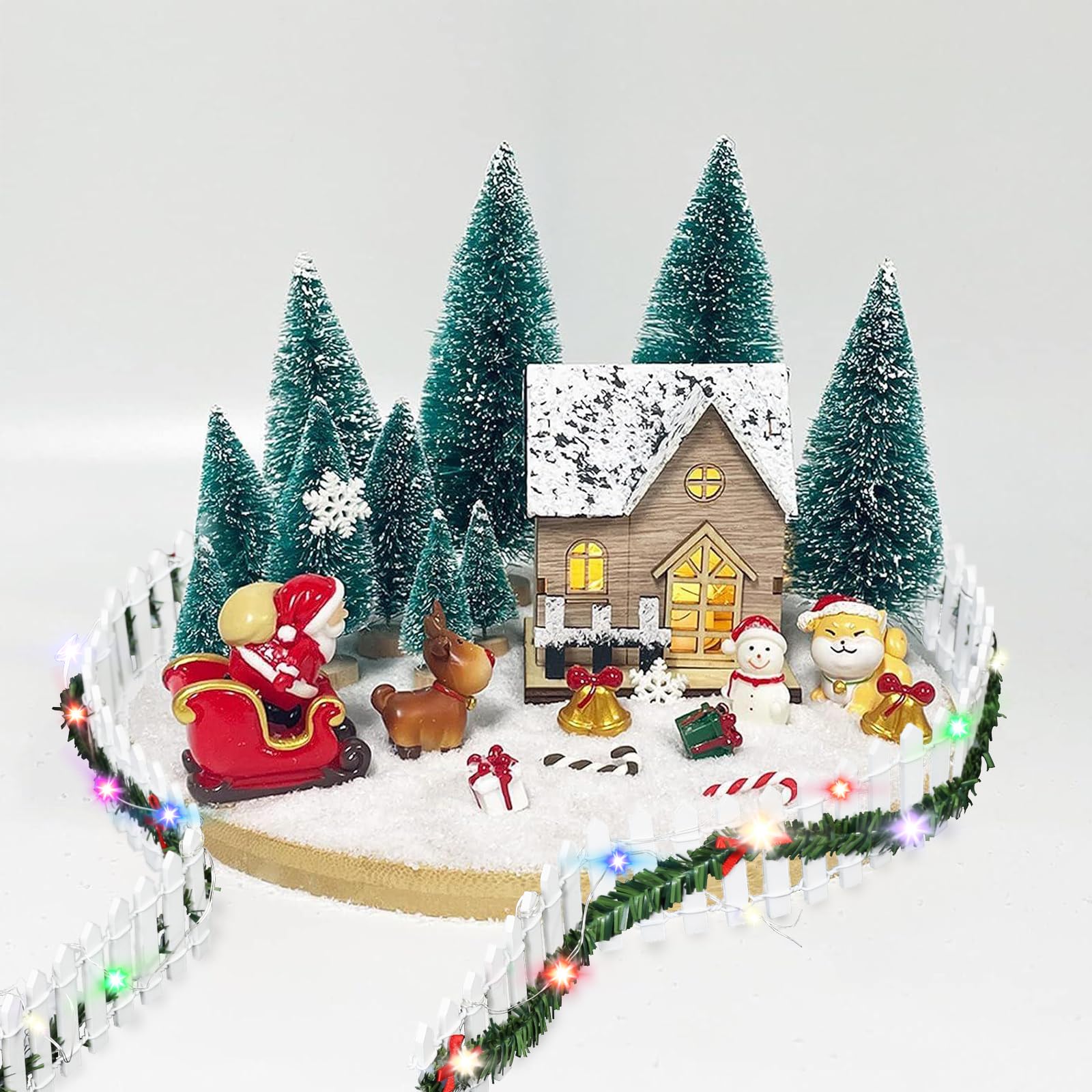 Wichtelhaus Zubehör Weihnachten – Mini-Holzzaun 90cm Mit LED-Lichterkette, Kunstrasen Für Deko & DIY