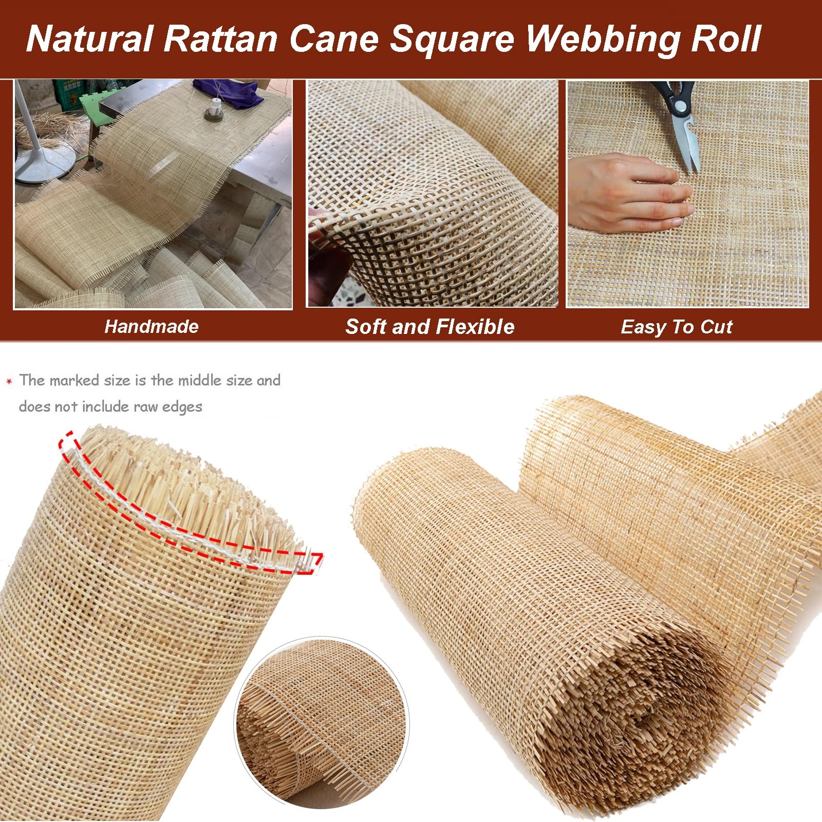 Natürliches Rattan Wiener Geflecht Meterware, Quadratische Rattan Gurtband Maschennetzrolle, 35–100 cm Breite Rohrgeflechtmaterial für Schranktüren MöBel Upcycling DIY Deko(45cmx2.5m)