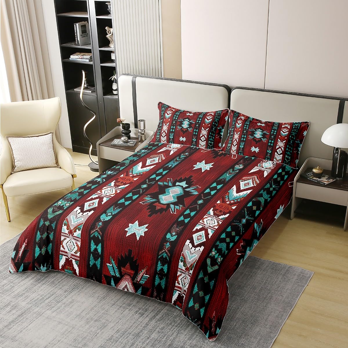 Loussiesd Rot Südwesten 100% Baumwolle Bettwäsche Set 135x200cm Geometrisch Bettwäsche Dekor Tribal Exotic Style Native American Indian Design Bettbezug Set Streifen Linie Bettwäsche-Set
