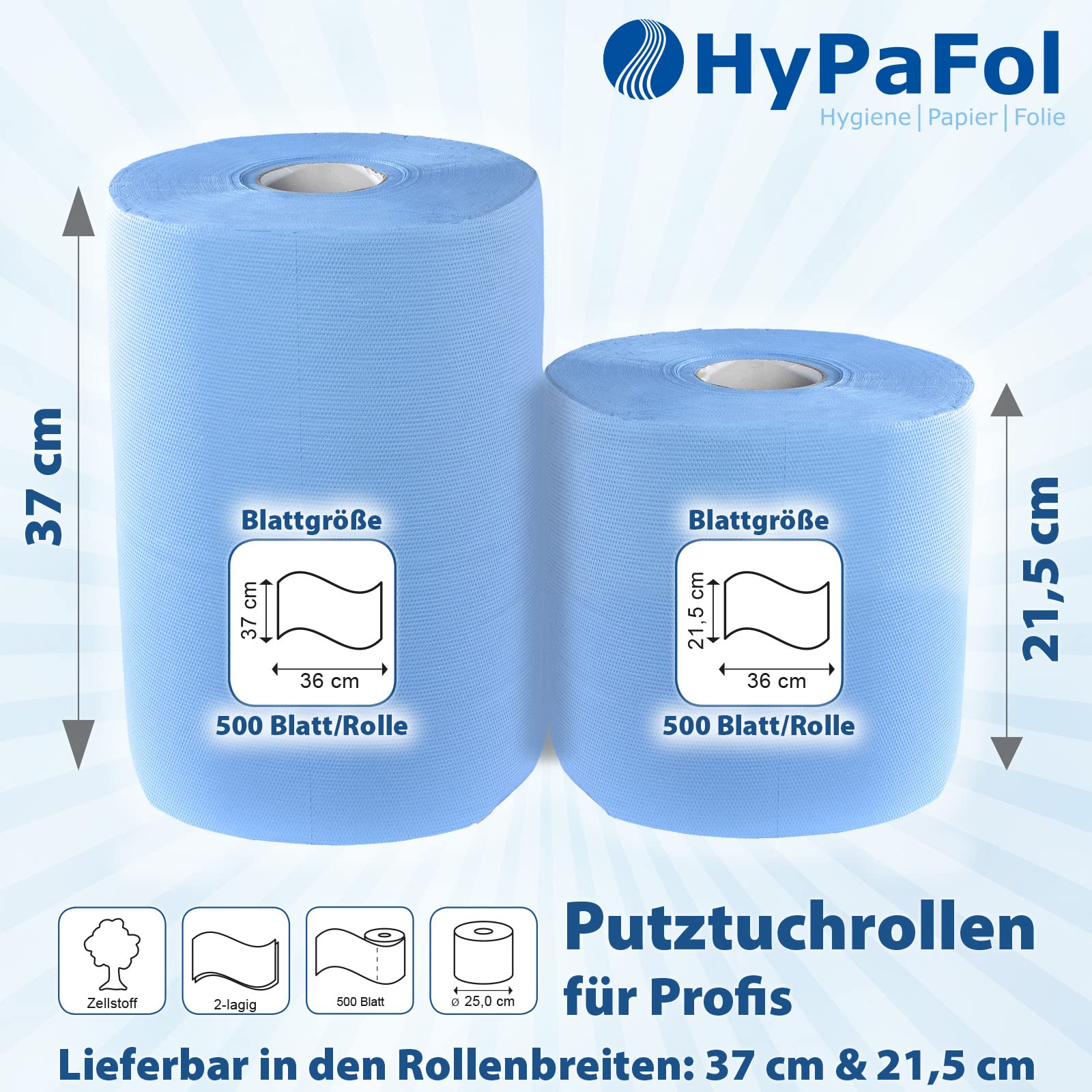 2 x blaue saugstarke Papierrolle, 1000 Blatt, 37x36 cm | 2-lagige perforierte Papiertücher | Putztuchrolle für Industrie, Werkstatt und Restaurant | Durchmesser 25 cm