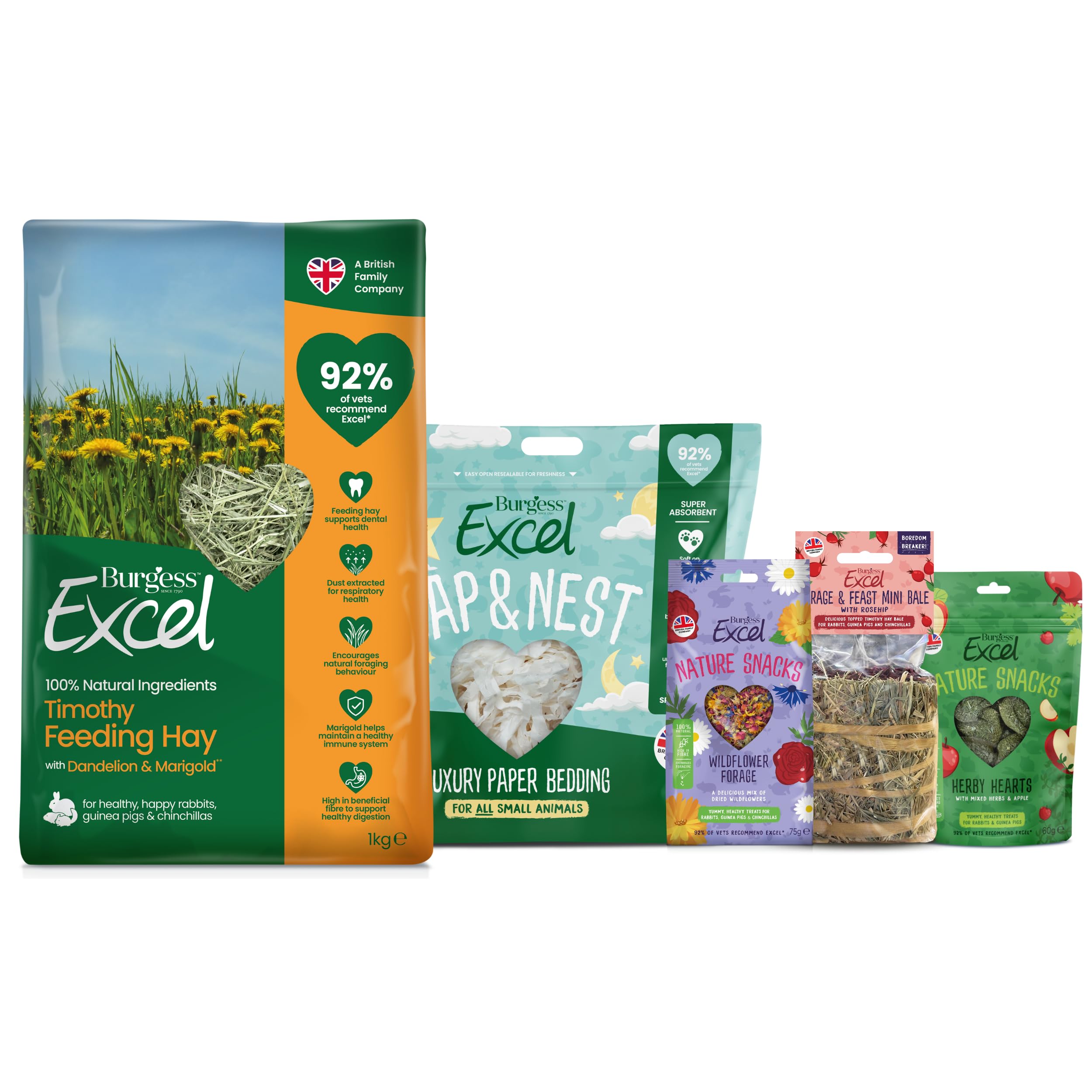 Burgess Excel Small Animal Starter Kit Value Bundle - Dandelion & Marigold Feeding Hay 1kg, Nap & Nest paper bedding, Wildflower Forage, Heby Hearts & Mini Bale – Rabbits, Guinea Pigs & Chinchillas