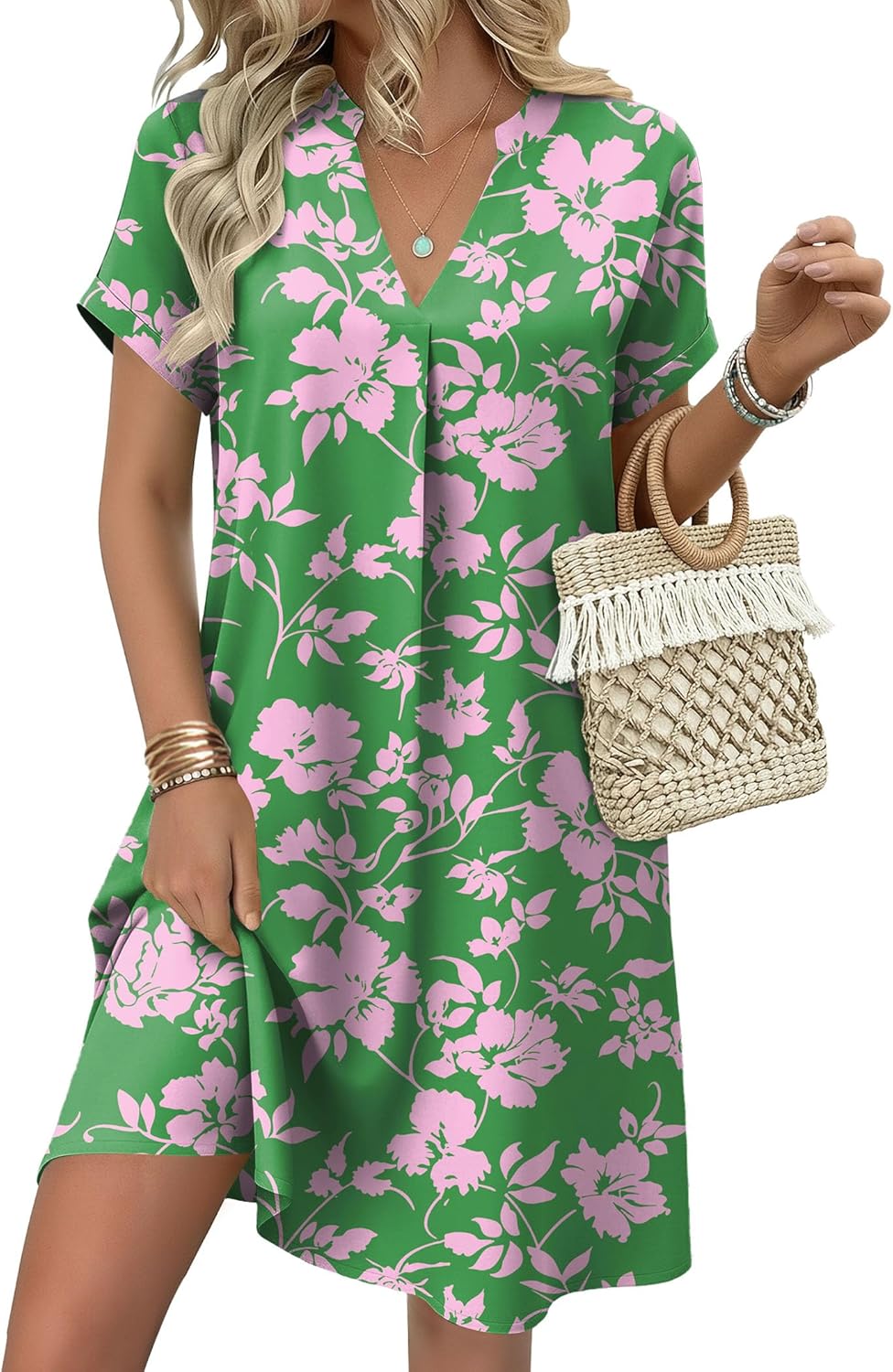 Zeagoo Summer Dresses for Women Short Sleeve Shift Dress V Neck Casual Mini Beach Vacation Boho Sundress with Pockets