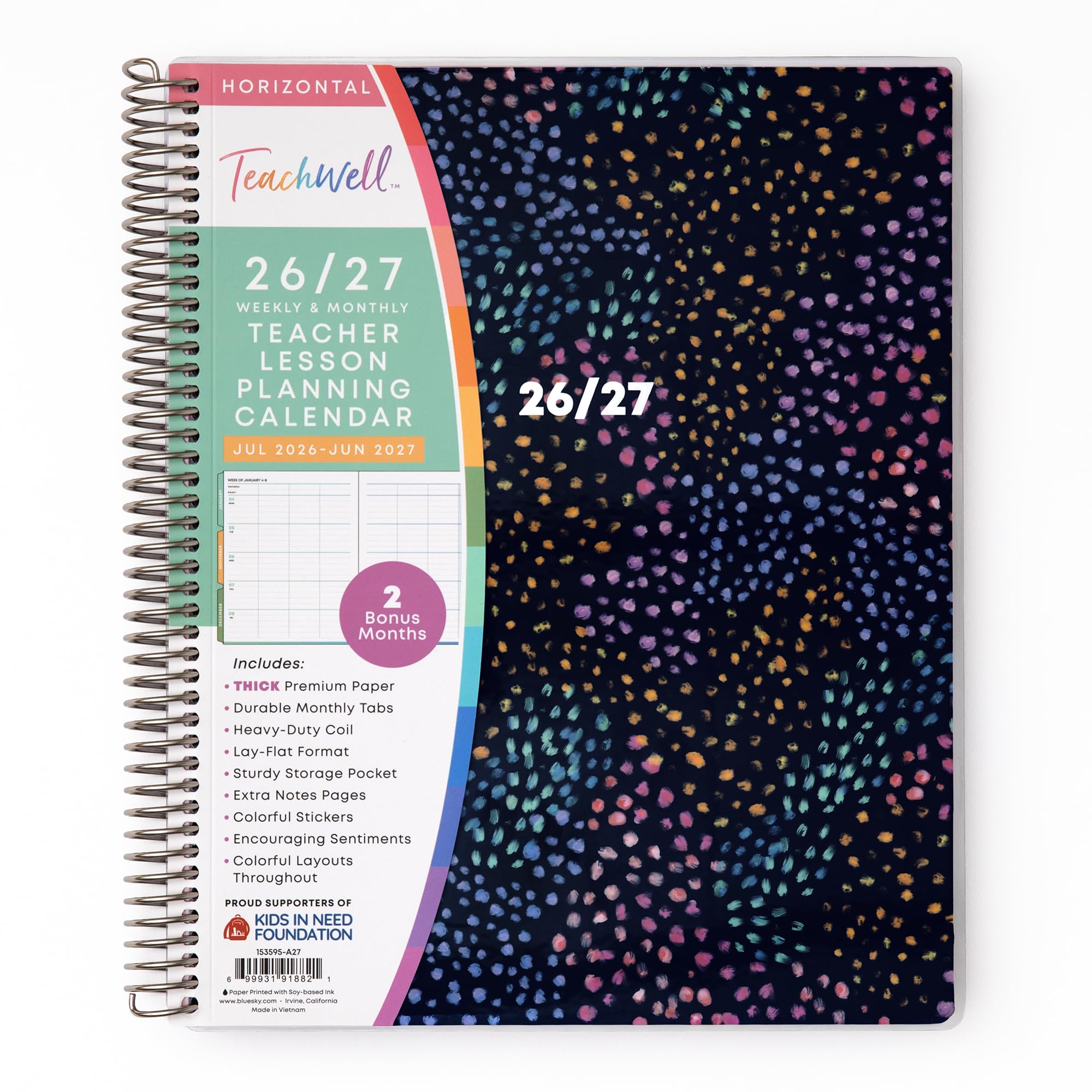 Blue Sky Teachwell Calendario settimanale e mensile 2026-2027, per insegnanti, anno accademico, luglio 2026-2027, 21,6 x 27,9 cm, copertina flessibile, rilegatura a spirale resistente, interno