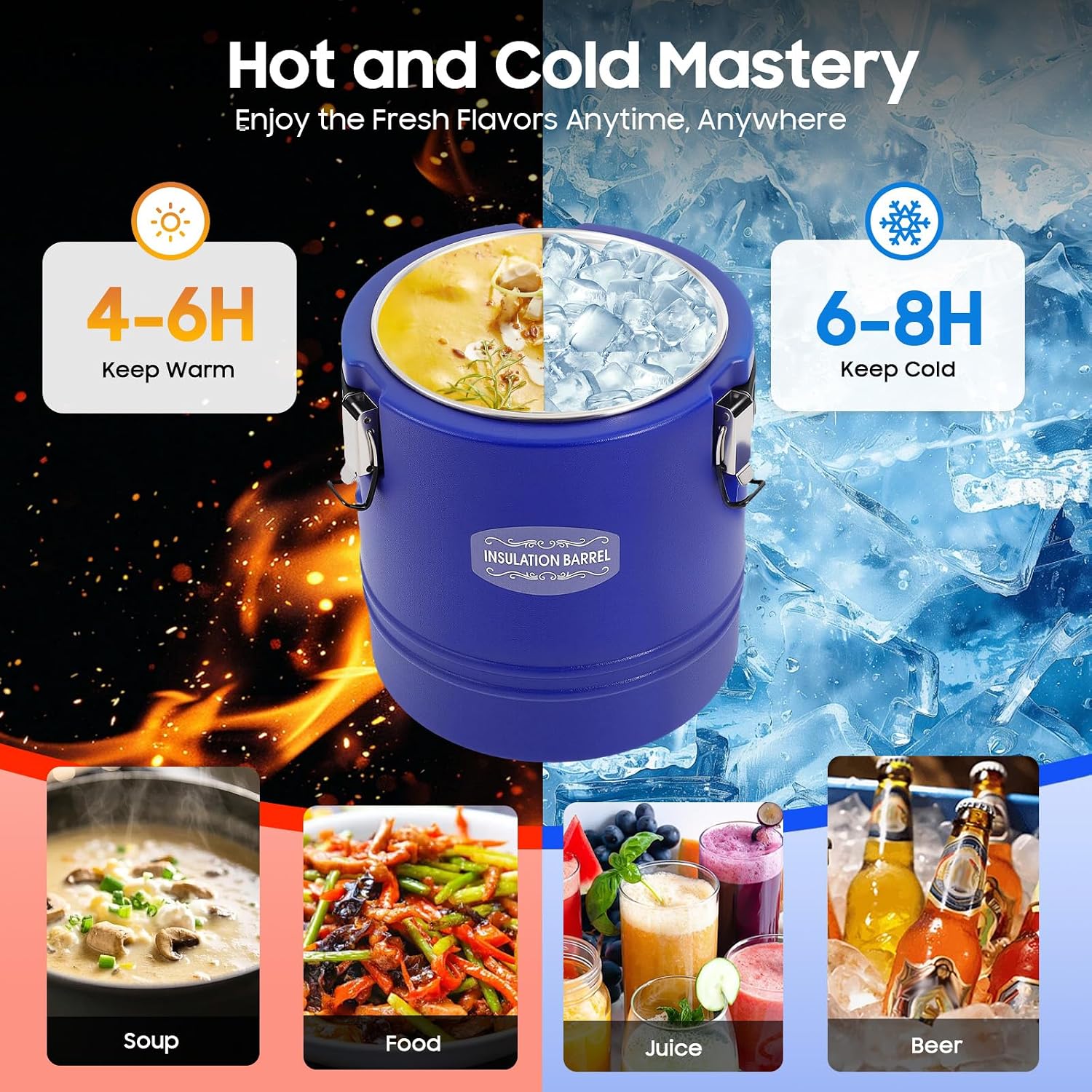 15.9 QT Insulated Soup Container, Commercial Food Warmer for Hot or Cold, 15L Hot Box for Catering, Thermal Food Jar with 3 Buckles and Handles, Stainless Steel Lining with Lid, 6H Insulation Time