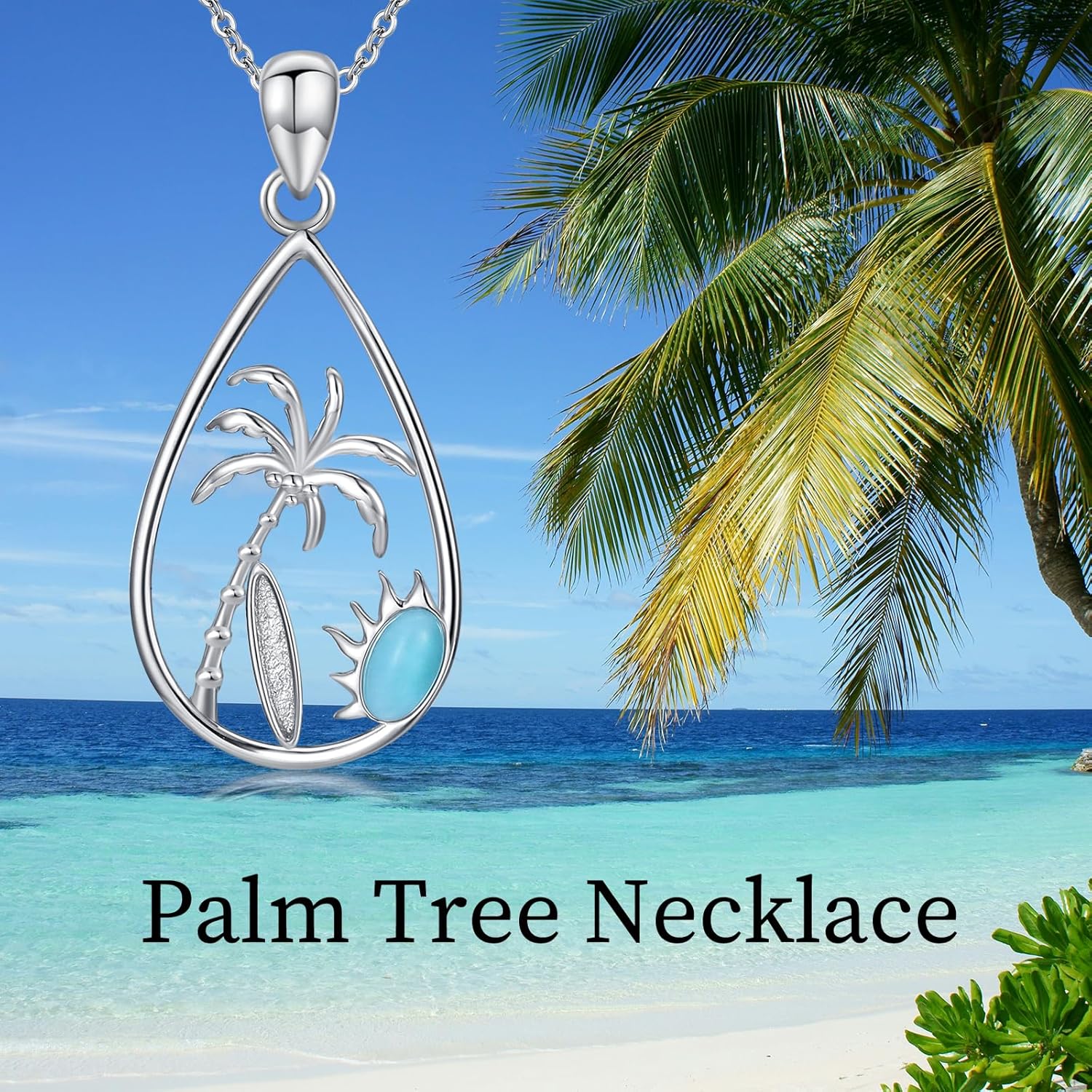 Palm Tree Necklace 925 Sterling Silver Blue Larimar Gemstone Palm Tree and Surfboard Pendant Tropical Summer Beach Jewelry Gifts for Women - Image 6