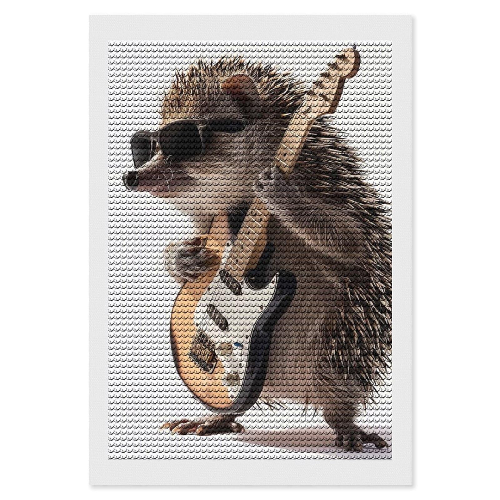Junmoney Hedgehog Guitar Diamond Art Canvas 8"x12", for Family Craft Time, Creative Leisure Activity, Living Room Decor, Festive Craft Gift