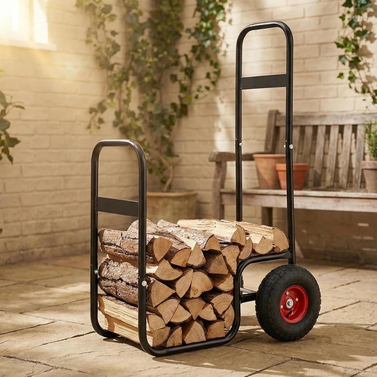 Tangkula Firewood Log Cart, Wood Rack Storage Mover with Rolling Wheels & Ergonomic Handle, Indoor Outdoor Rolling Steel Dolly Hauler for Transporting and Storing Wood, 220LBS Capacity