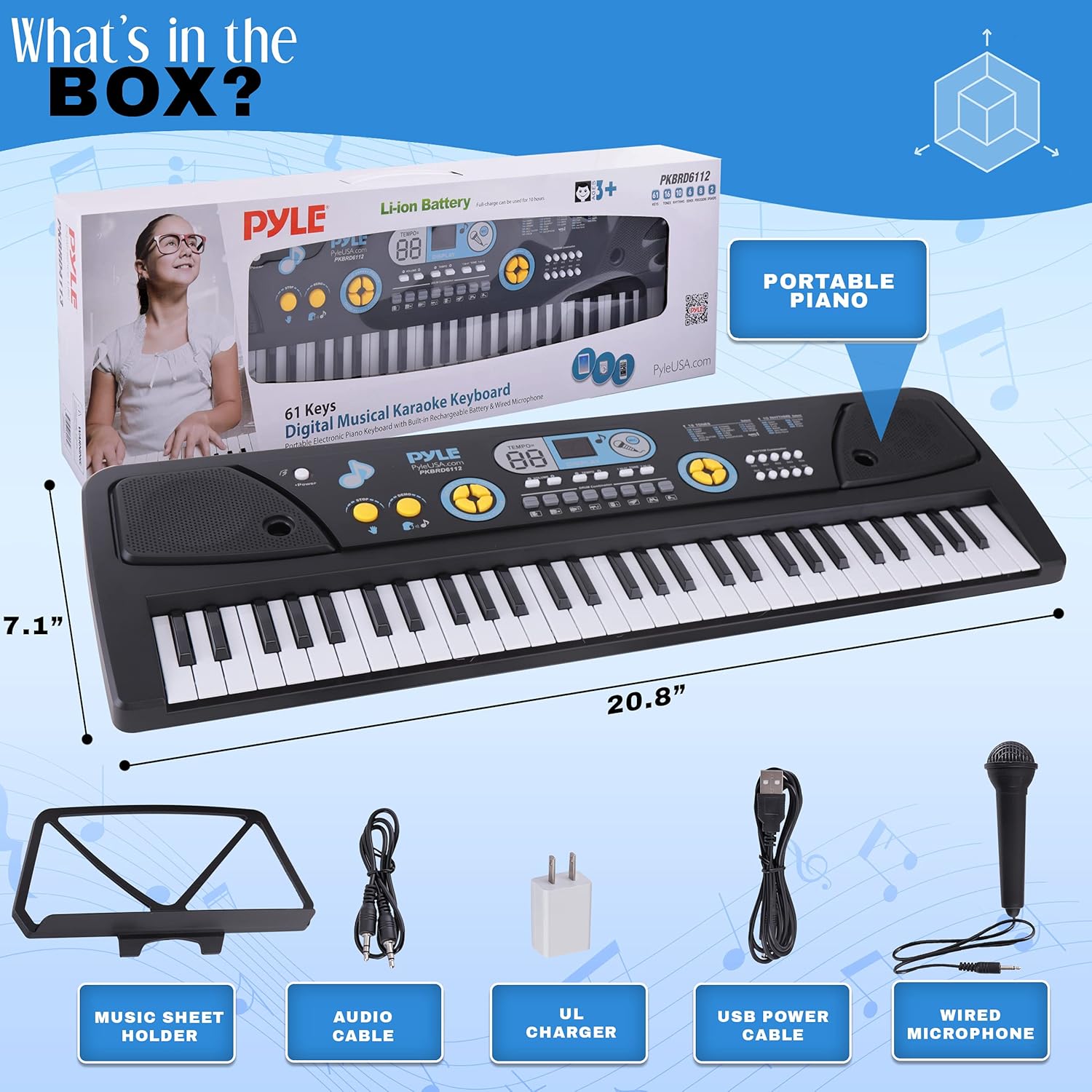 Contents of the Pyle PKBRD6112 package including keyboard, microphone, cables, adapter, and music sheet holder