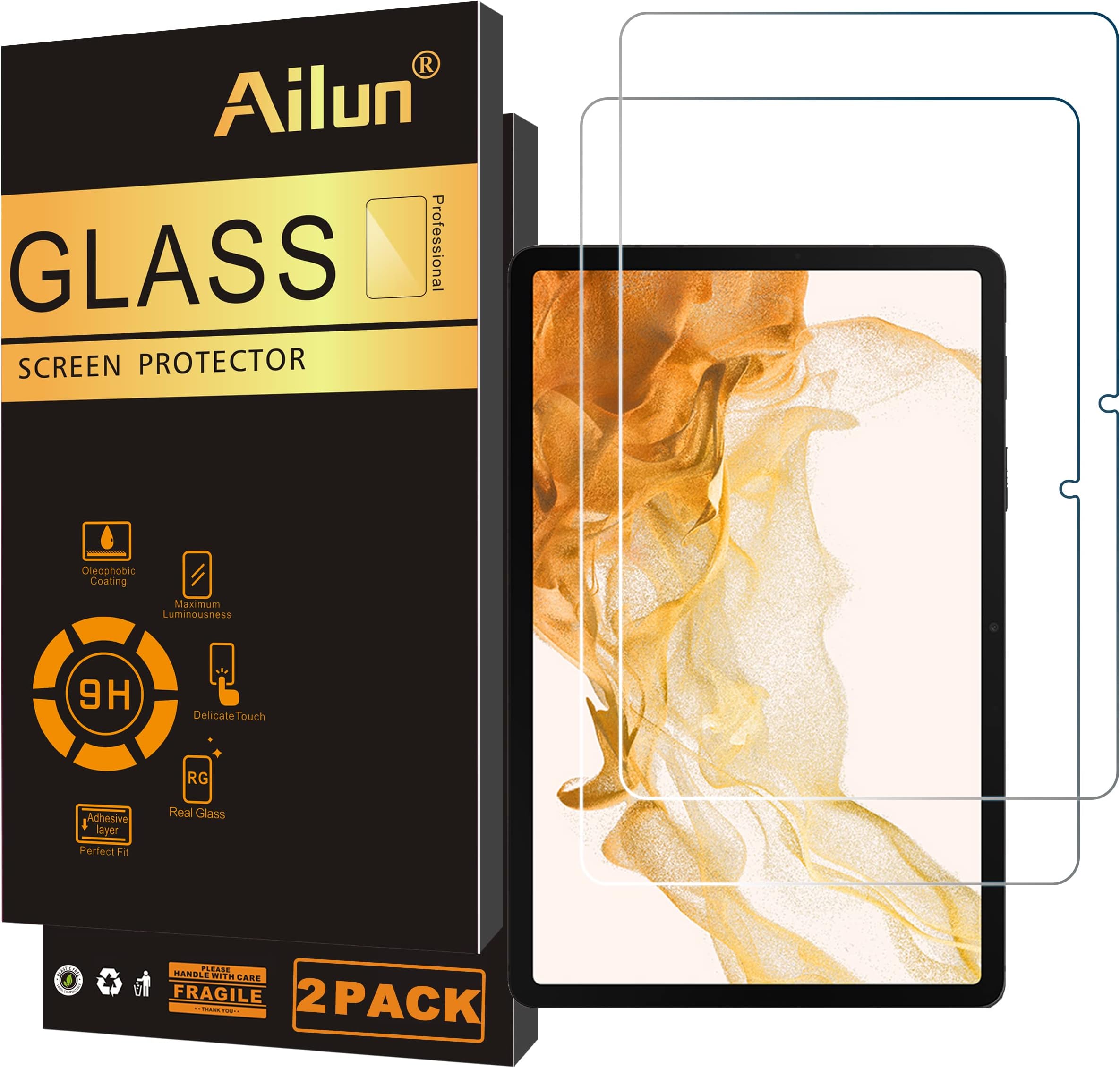 Ailun Screen Protector for Galaxy Tab S8 Plus/S7 FE/S7+, 12.4 inch 2Pack Tempered Glass 9H Hardness Case Friendly