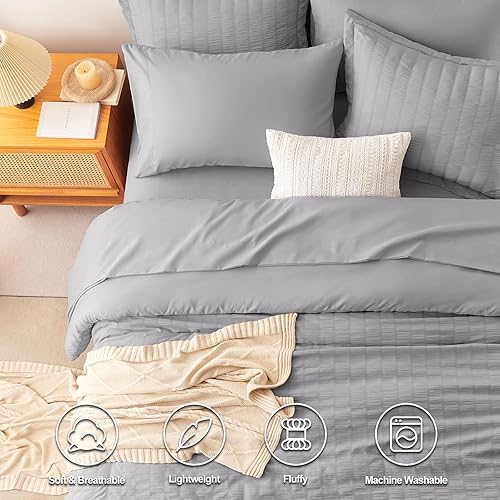 Miniatura 14 de CozyLux - Juego de edredón doble con sábanas de 5 piezas, color blanco con textura de sirsaca en una bolsa para niñas, juego de ropa de cama de lujo