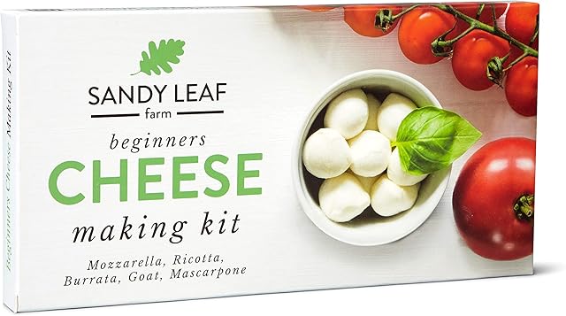 Sandy Leaf Farm Cheese Making Kit - Homemade, DIY Ricotta, Burrata, Goat, Mascarpone, and Mozzarella Cheese Making Kits for Beginners w/ Vegetarian Rennet & Cheese Cloth