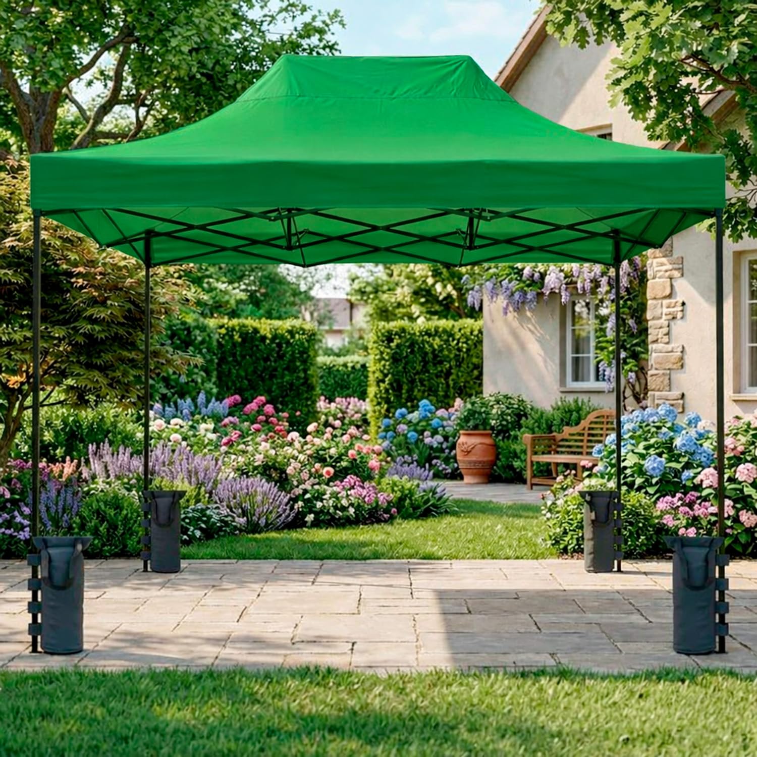 Gazebo Professionale 3x4.5 M Richiudibile Automatico In Acciaio Con Telo Oxford 1200D PVC Impermeabile e Anti UV Struttura a Fisarmonica con Sacche Zavorra e Borsa Trasporto Sagre Feste (Verde)