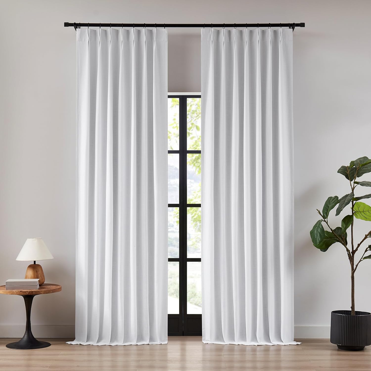 102 Inch White Pinch Pleated Full Blackout Curtains Linen Blend Room Darkening Window Curtains for Living Room Bedroom Thermal Insulated Pinch Pleat Drapes Back Tab with Hooks 40" W x 102" Lx2