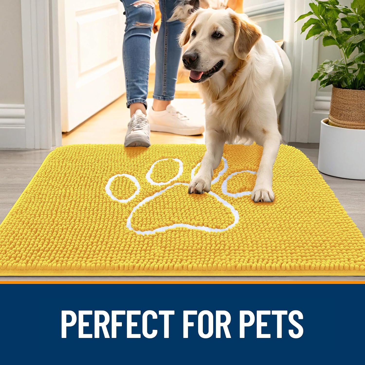 OLANLY Dog Door Mat for Muddy Paws 30x20, Paw Print Design, Absorbs Moisture and Dirt, Absorbent Non-Slip Washable Doormat, Quick Dry Chenille Mud Mat for Dogs, Entry Indoor Entryway Carpet, Yellow thumbnail