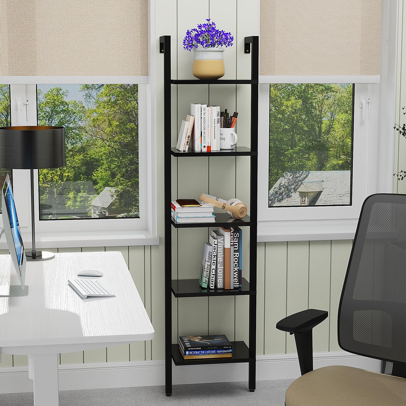 YMYNY Libreria, Scaffale a Scala, Contro Parete a 5 Ripiani, Scaffali Aperti per Casaper, Soggiorno, Ufficio, Cucina, Camera da Letto, 40 x 30 x 178CM, Industriale, Nero HBC015B
