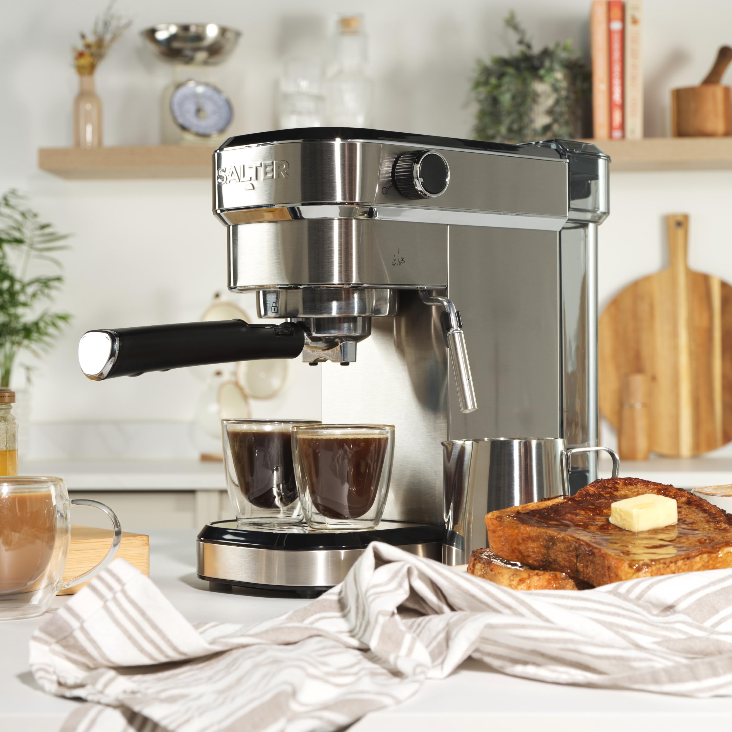 Máquina de espresso Salter 20 bar, bomba italiana, acero inoxidable | Café simple o doble, vaporizador de leche, depósito extraíble de 1,1 L, para café molido, portafiltro, jarra