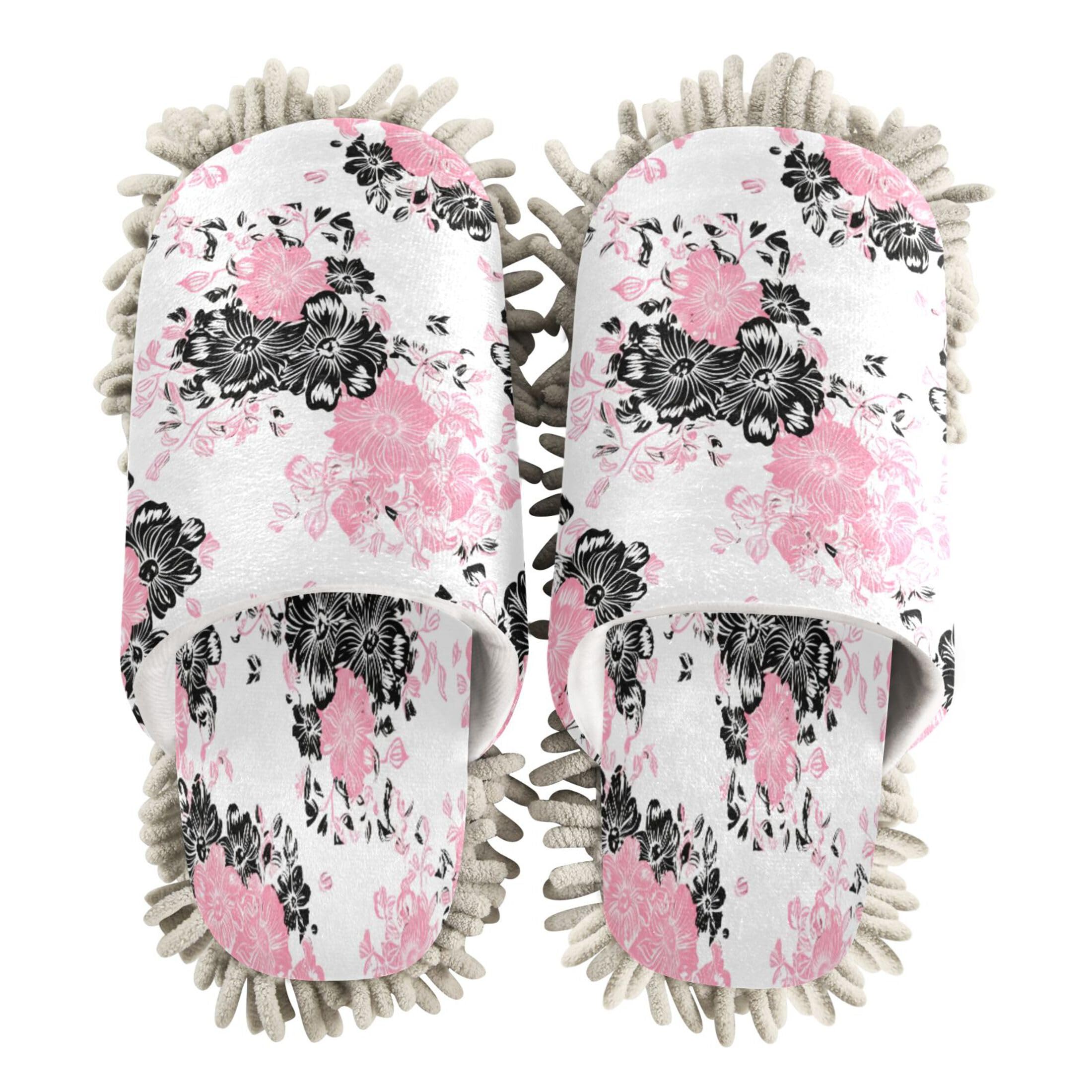 Kigai Pink Black Flowers Mop Slippers for Floor Cleaning, Slippers for Women Men, Microfiber Floor Cleaning, L
