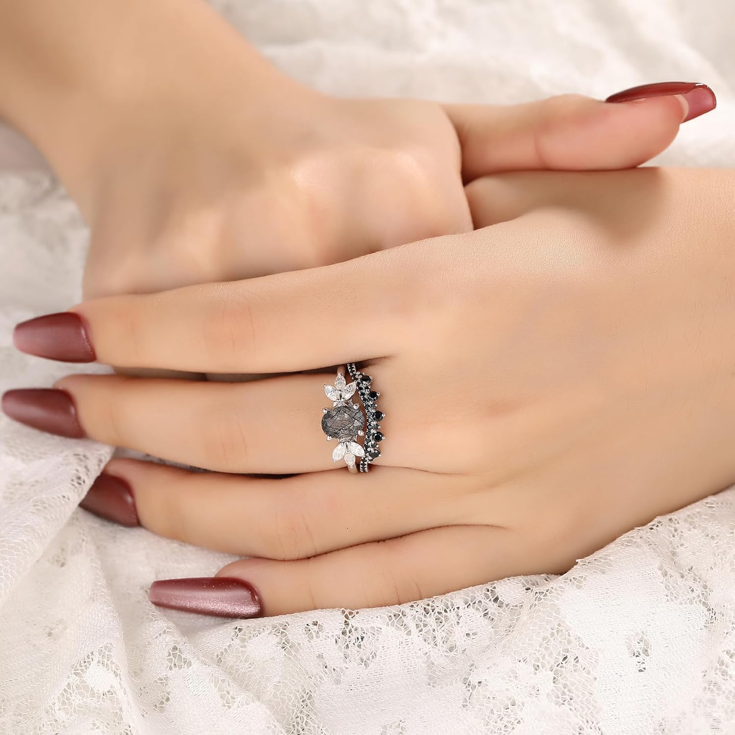 Oval Natural Black Rutilated Quartz Celtic Knot Bridal Wedding Ring Sets with Black Gold or Platinum Plated 925 Sterling Silver, Irish Gothic Engagement Rings and Spinel Trinity Annversary Band Size 4-9 - Image 5