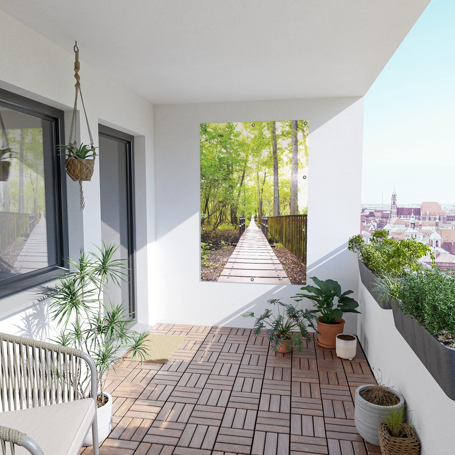 Wallario Outdoor-Poster für Garten oder Balkon Spaziergang im Wald Holzweg über einen Fluss, Motivbanner Größe: ca. 100 x 150 cm, Outdoor-Bild