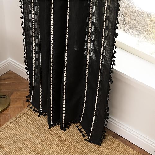 Miniatura 7 de Sutuo Home Cortinas bohemias negras de 84 pulgadas de largo para dormitorio, guardería, granja con borlas huecas y elegantes filtrantes de luz, con