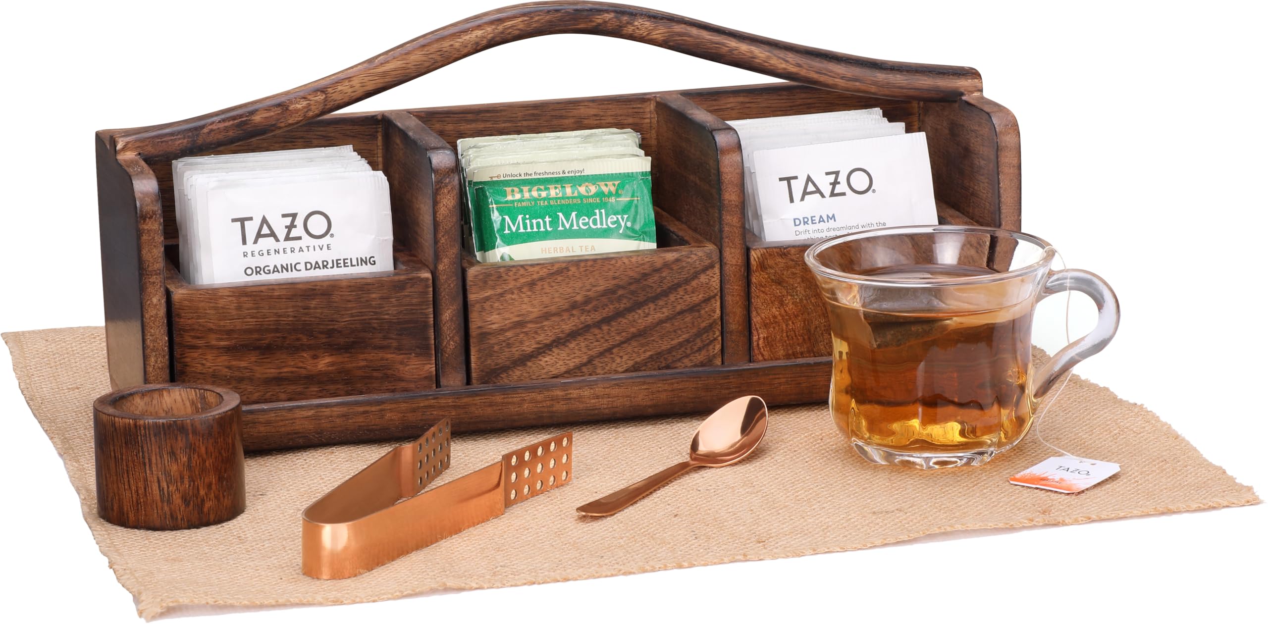 Wooden Tea Bag Organizer | Dark Burnt Finish | 3-Compartment Storage | Countertop | Accessories: Copper-Plated Tea Bag Squeezer, Natural Jute Placemat, Copper-Plated Tea Spoon, Wooden Napkin Ring
