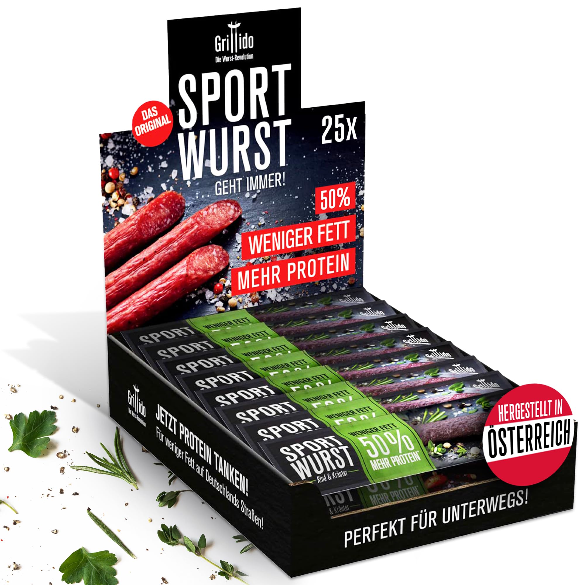 Grillido Sportwurst Rind & Kräuter 25x20g (500g) aus Österreich – Proteinreicher Fleischsnack mit 39% Eiweiß, ohne Zucker, ohne Schweinefleisch – Herzhafte Alternative zu Beef Jerky & Proteinriegel