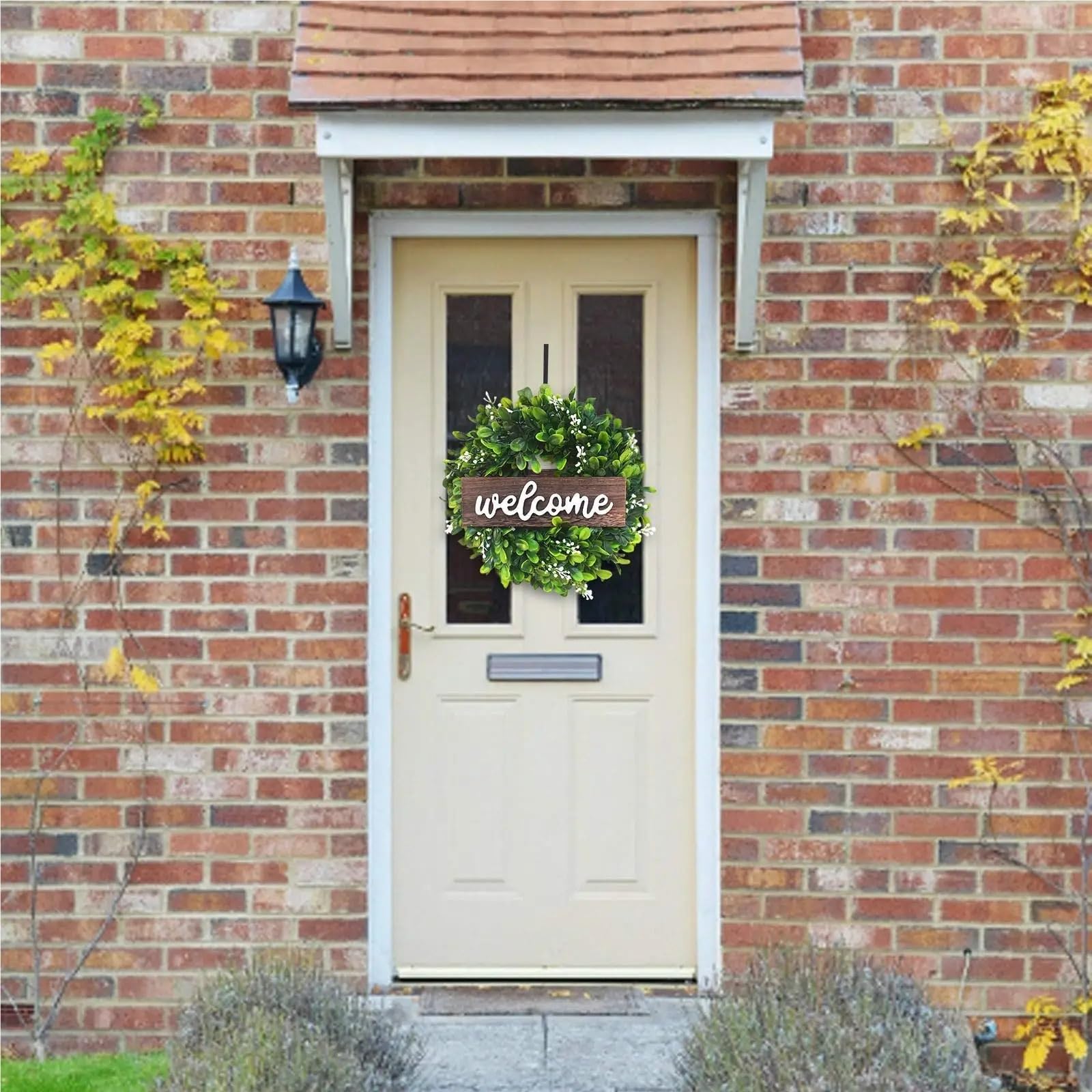Ghirlanda Per Porta Ghirlanda di eucalipto verde con cartello di benvenuto, ghirlanda artificiale primaverile ed estiva for la decorazione della parete della porta d'ingresso in stile fattoria. Per Ag