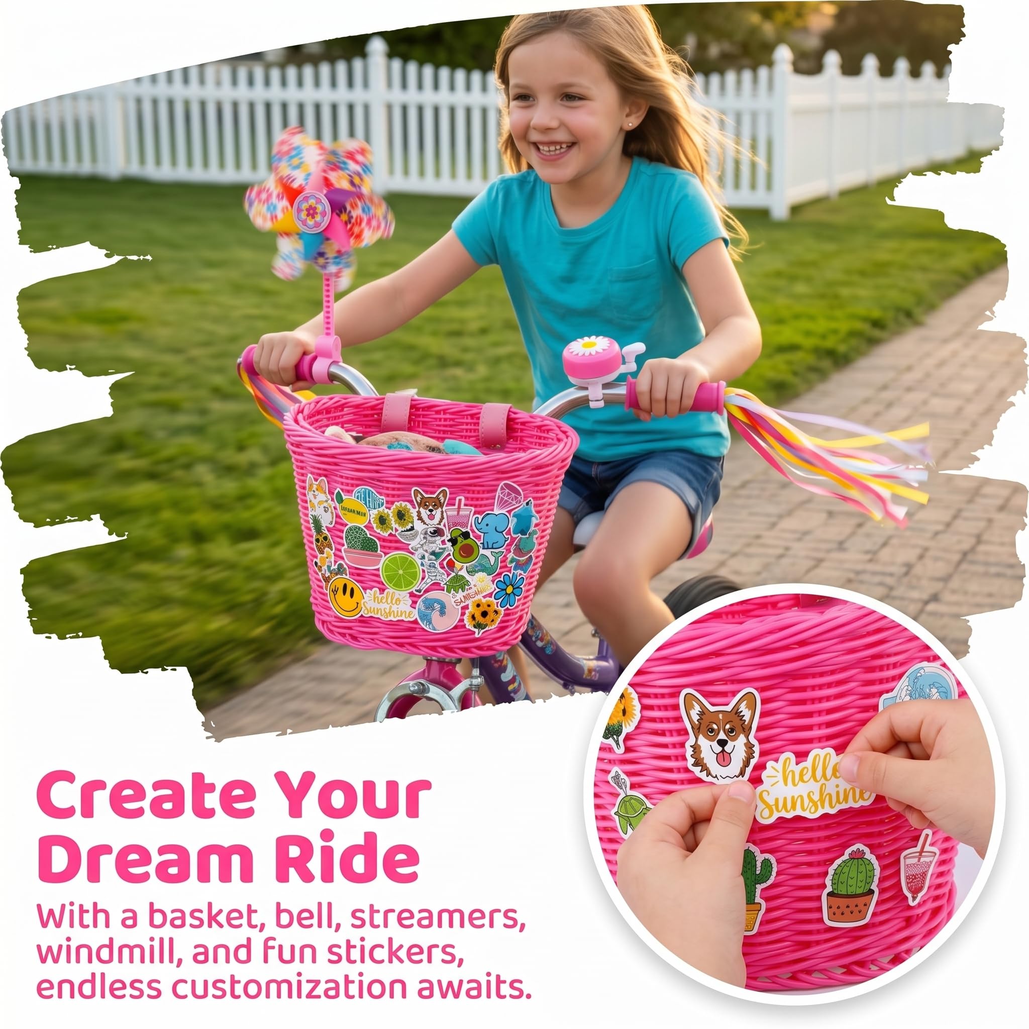 Panier de vélo pour Enfant - Accessoire Avant de vélo pour Filles et garçons - Panier de vélo en Tissu avec Autocollants, Sonnette, Moulin à Vent et 1 Paire de Rubans colorés avec Pompons