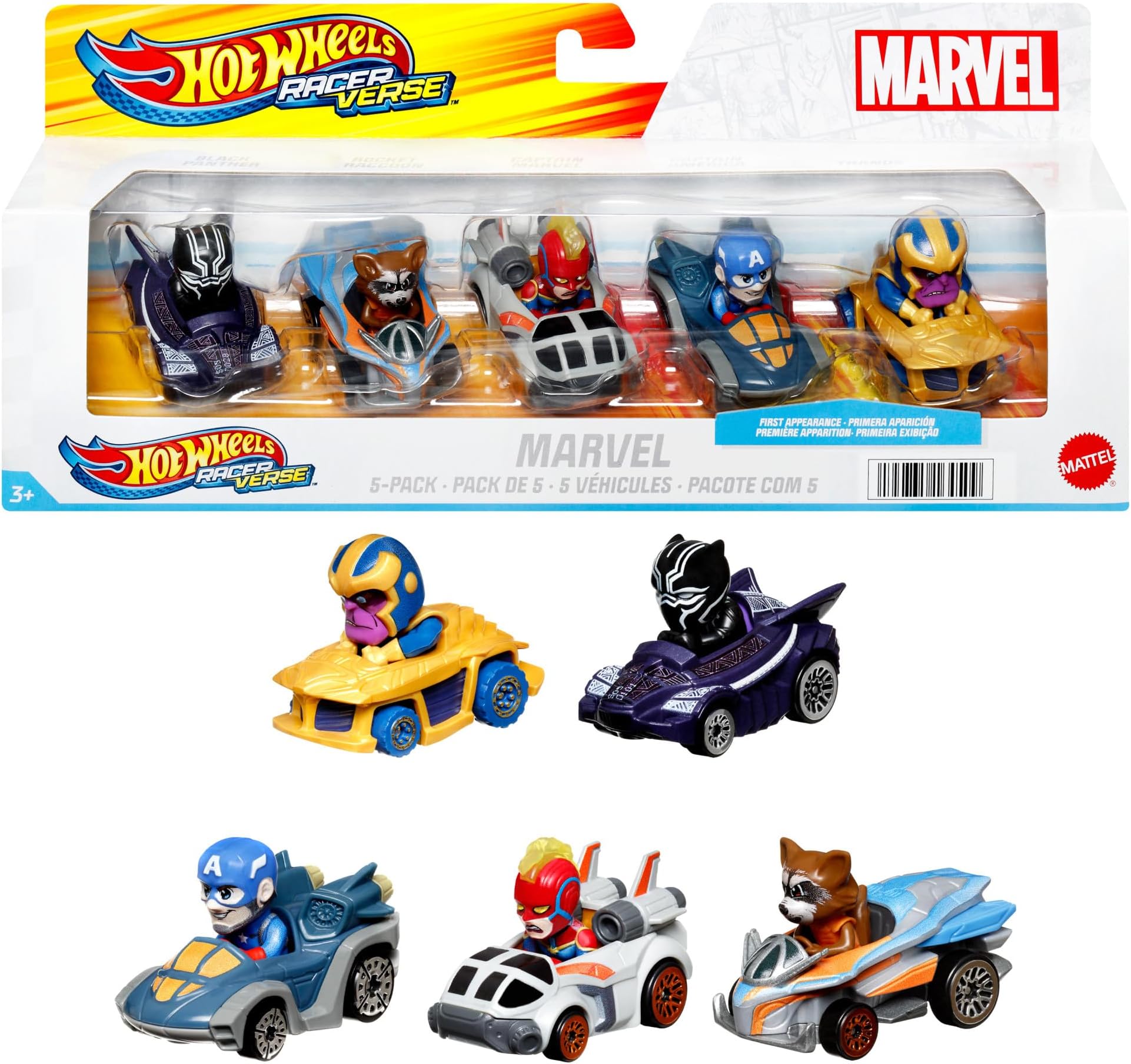 RacerVerse, Set of 5 Die-Cast Marvel Toy Cars Optimized for Hot Wheels Track Performance with Popular Marvel Characters as Drivers, Gift for Kids & Collectors, HPN40