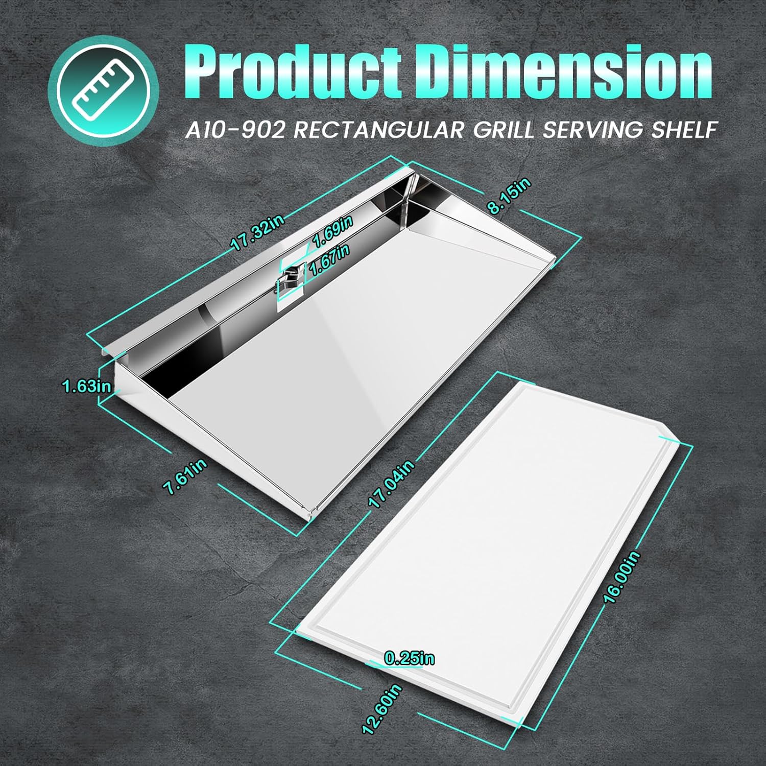 A10-902 Rectangular Grill Serving Shelf with Removable Cutting Board for 9” x 18” or Larger Rectangular Grills, Food-Grade stainless steel Ideal for Camping, Boating, RV Cooking