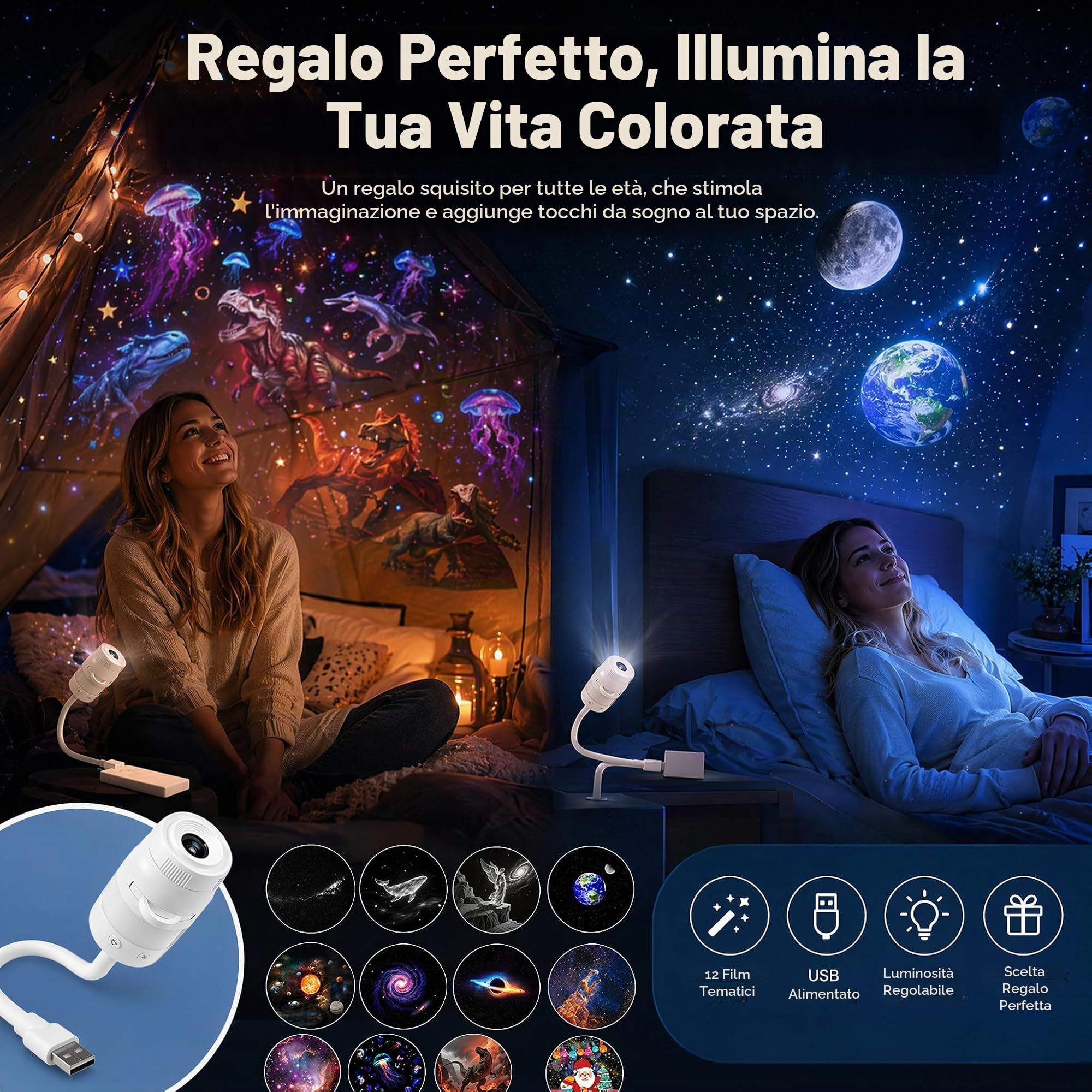 Pipihome 13 in 1 Proiettore Stelle Soffitto, Proiettore Galassia Soffitto, USB Plug-and-Play HD Star Projector, Galaxy Projector Night Light, Luce Notturna Lampada di Proiezione per Bambini Adulti，A