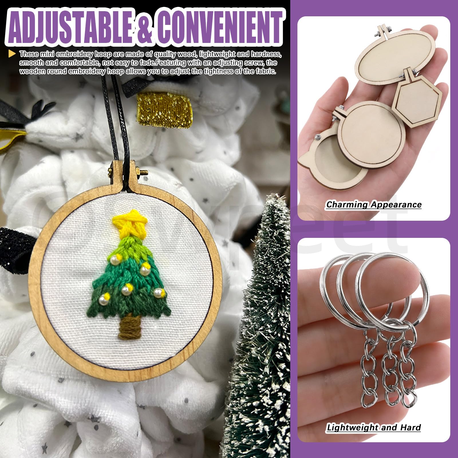 Swpeet 20Pcs Mini Embroidery Hoop Kit with Key Rings, Thread and Scissors, Wooden Mini Crossing Stitch Hoop Small Display Frame Ideal for Art Craft Sewing and Hanging Ornaments Home Decor - 4