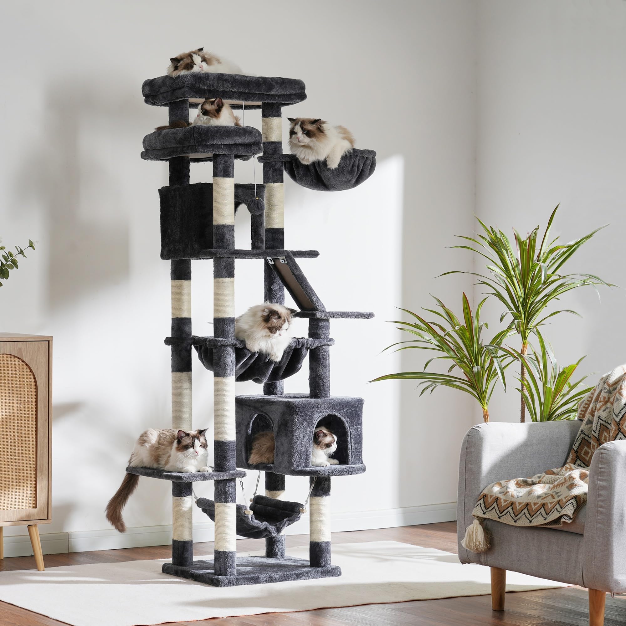 Heybly Albero Per Gatti, Torre 180 cm, 2 Piattaforme, 2 Capanne, 2 Amache, Pannello Per Sgualabocche. Grande Mobile Per Gatti Con Spazio Dormire, Grigio Fumo HCT034G