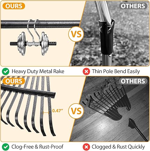 Miniatura 2 de Rastrillo de hojas de 25 dientes de metal, rastrillo de jardín para hojas y césped, herramientas manuales de jardinería y mango de acero largo de 65
