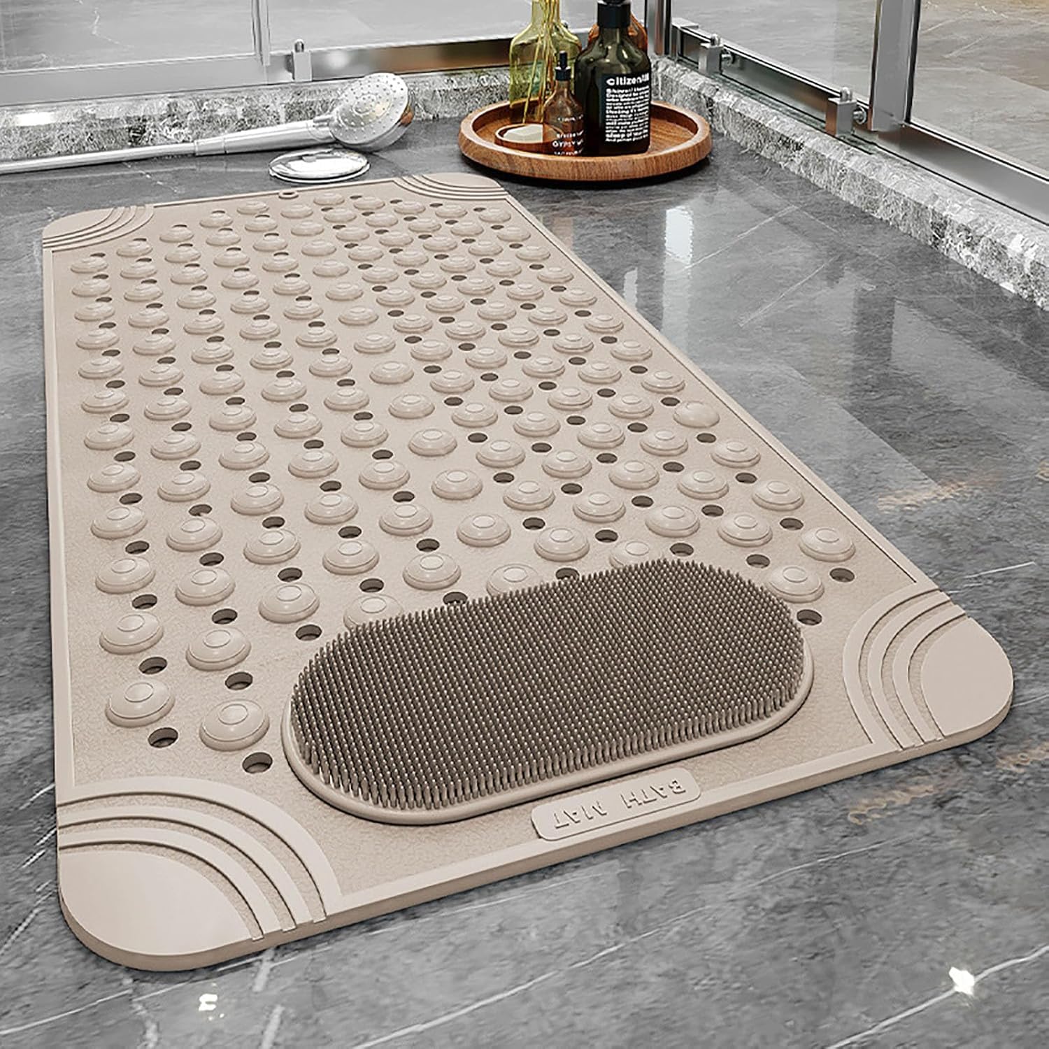 Homecloud Anti Skid Mat for Bathroom Floor Shower mats for Bathroom Anti Slip with Foot Scrubber Bath mat Anti Slip with Suction Cups & Drain Holes (69x35 Cm) (Beige)
