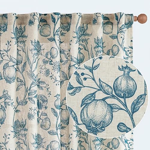 jinchan Linen Curtains Floral Curtain for Living Room 96 Inch Long Blue French Rod Pocket Light Filtering Toile Print Farmhouse Bedroom Curtains Window Drapes Set 2 Panels